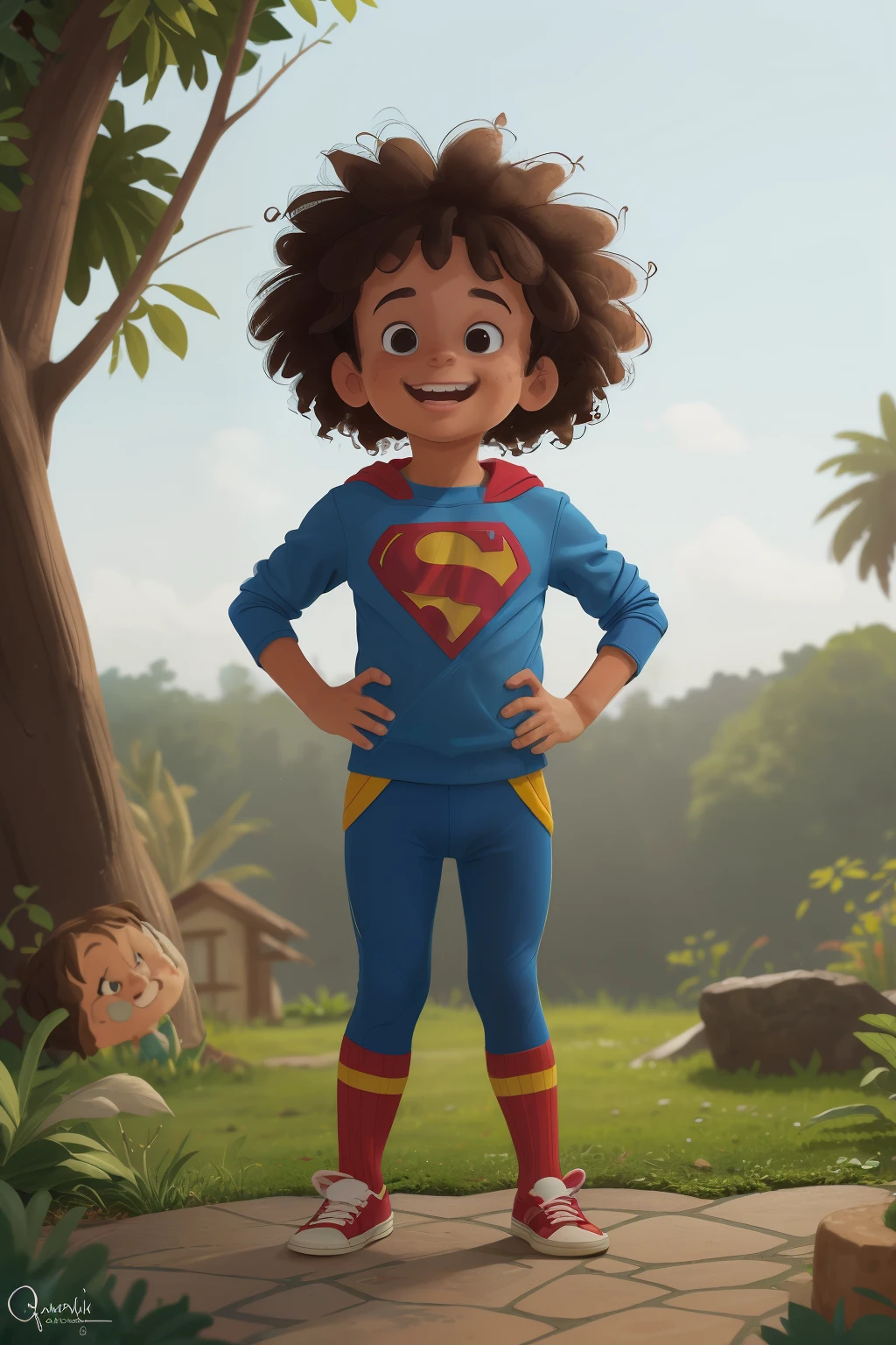 A 6-year-old boy is running in a garden, is scared, assustado, side view of the scene, qualidade perfeita, wearing blue sneakers, roupa de super heroi e capa vermelha, pele branca, afro, Menino de cabelo afro, curly brown hair on top of head (2x), sem franja, homem, 4 anos, autista, Blue outfit with superhero cape, 2 anos, 3 anos, feliz, qualidade perfeita, foco claro (desordem - casa: 0.8), (obra-prima: 1.2) (Realista: 1.2) (Bokeh) (Melhor qualidade) (Pele detalhada: 1.3) (Detalhes intrincados) (8K) (Olhos de detalhe) (foco nítido), (Feliz), sorriso grande