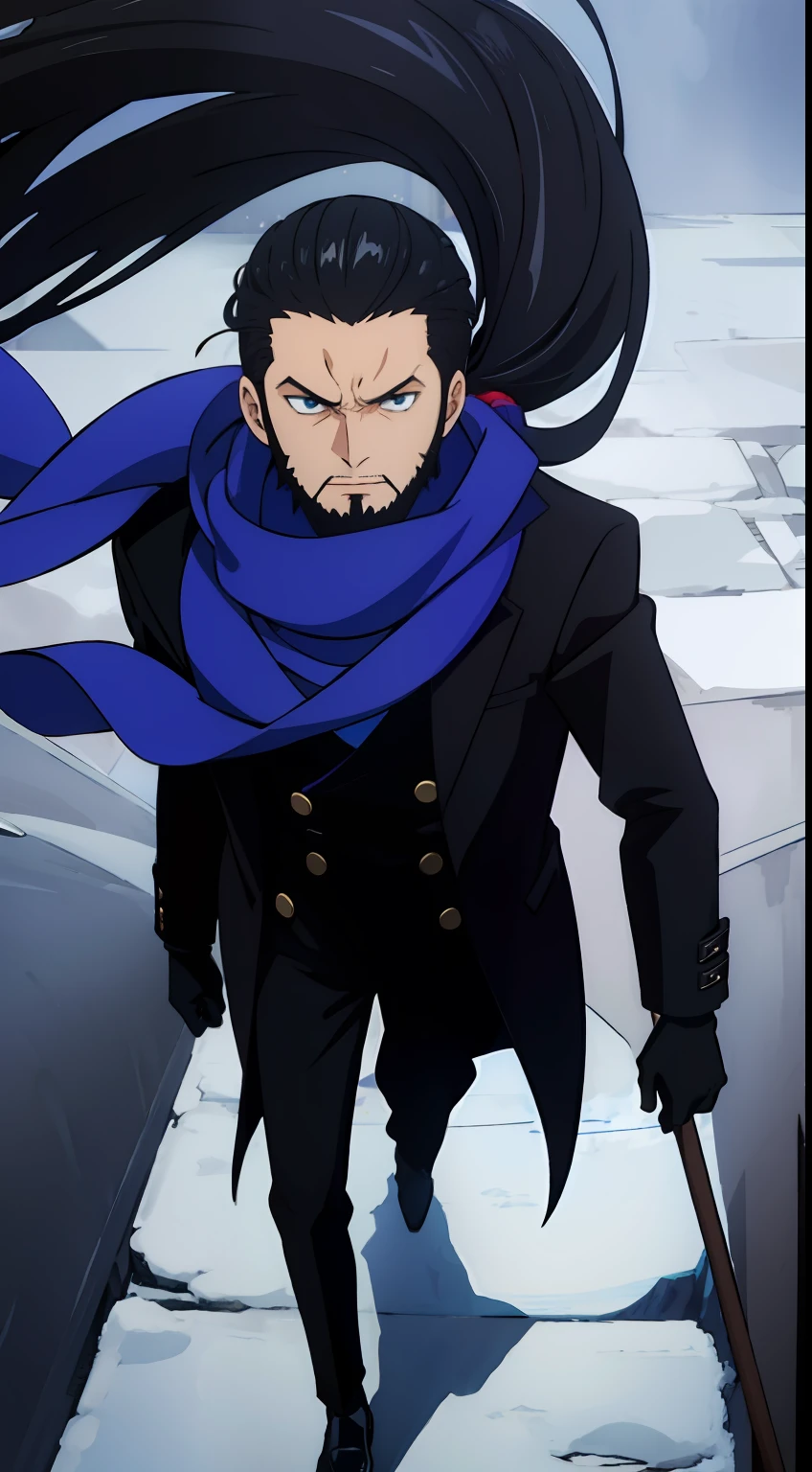 anime, man, dark blue scarf, black suit, black overcoat, ponytail, tiny beard, black gloves