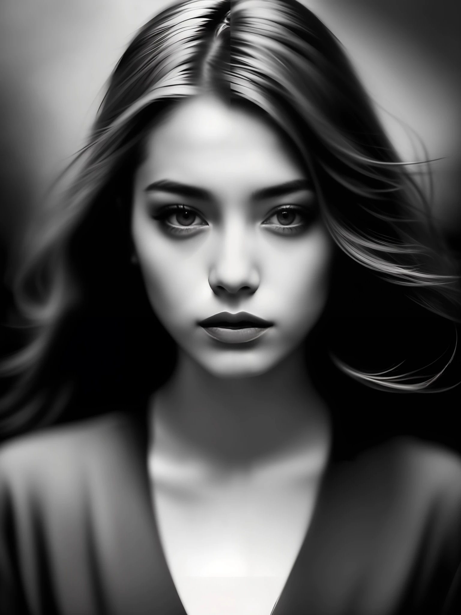 artsy photography, (expression of feelings:1.2), retrato em preto e branco, (atmospheric haze), luz suave, (cinematic lighthing), [autorretrato], sharpened details, foco intenso no olhar, emotional composition, (estilo Hayao Miyazaki:1.1), (monocromatic), (trending no Instagram), (long exposure technique), (macro fotografia), estilo surrealista, fotografia de alto contraste, retrato conceitual, (efeito tilt-shift), arte inspiradora, (double exposure technique), nuances sombrias, Psychological portrait, (clareza emocional), (melancholic atmosphere), (Noir trend:1.3), (paisagem urbana noturna), poetic photography, (efeito vinhetado), (retrato em close-up), (symmetrical composition), (foco seletivo), Pictorialist technique, (luz e sombra), (minimalistic composition), (oil painting style), (ethereal atmosphere).