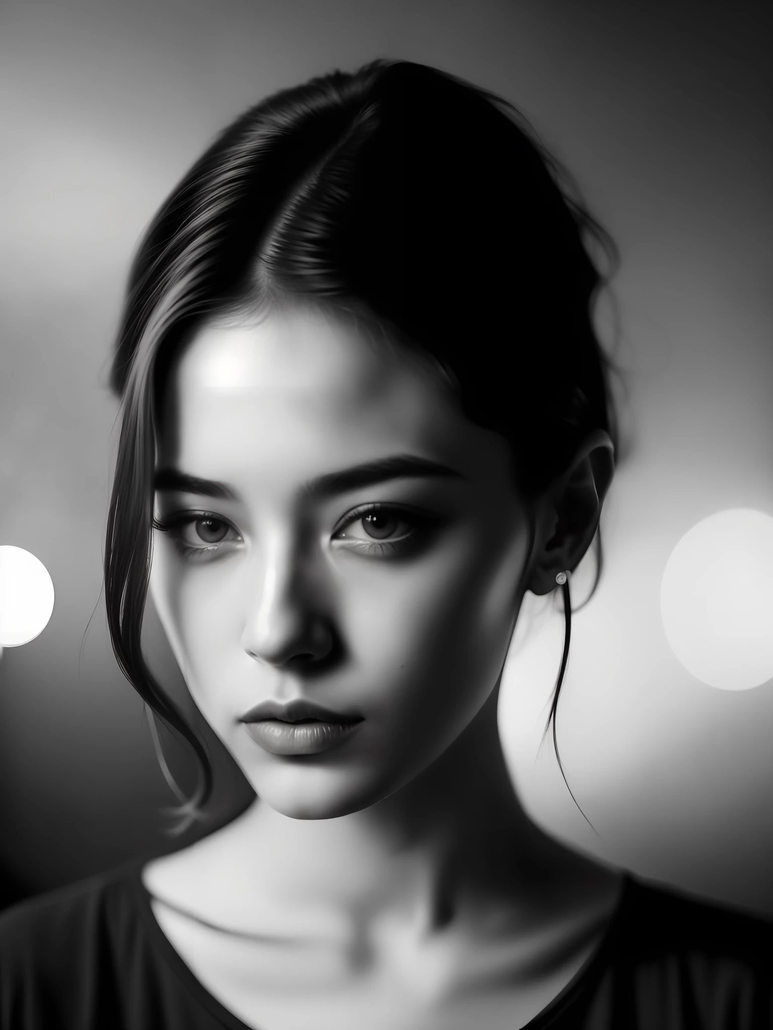 artsy photography, (expression of feelings:1.2), retrato em preto e branco, (atmospheric haze), luz suave, (cinematic lighthing), [autorretrato], sharpened details, foco intenso no olhar, emotional composition, (estilo Hayao Miyazaki:1.1), (monocromatic), (trending no Instagram), (long exposure technique), (macro fotografia), estilo surrealista, fotografia de alto contraste, retrato conceitual, (efeito tilt-shift), arte inspiradora, (double exposure technique), nuances sombrias, Psychological portrait, (clareza emocional), (melancholic atmosphere), (Noir trend:1.3), (paisagem urbana noturna), poetic photography, (efeito vinhetado), (retrato em close-up), (symmetrical composition), (foco seletivo), Pictorialist technique, (luz e sombra), (minimalistic composition), (oil painting style), (ethereal atmosphere).