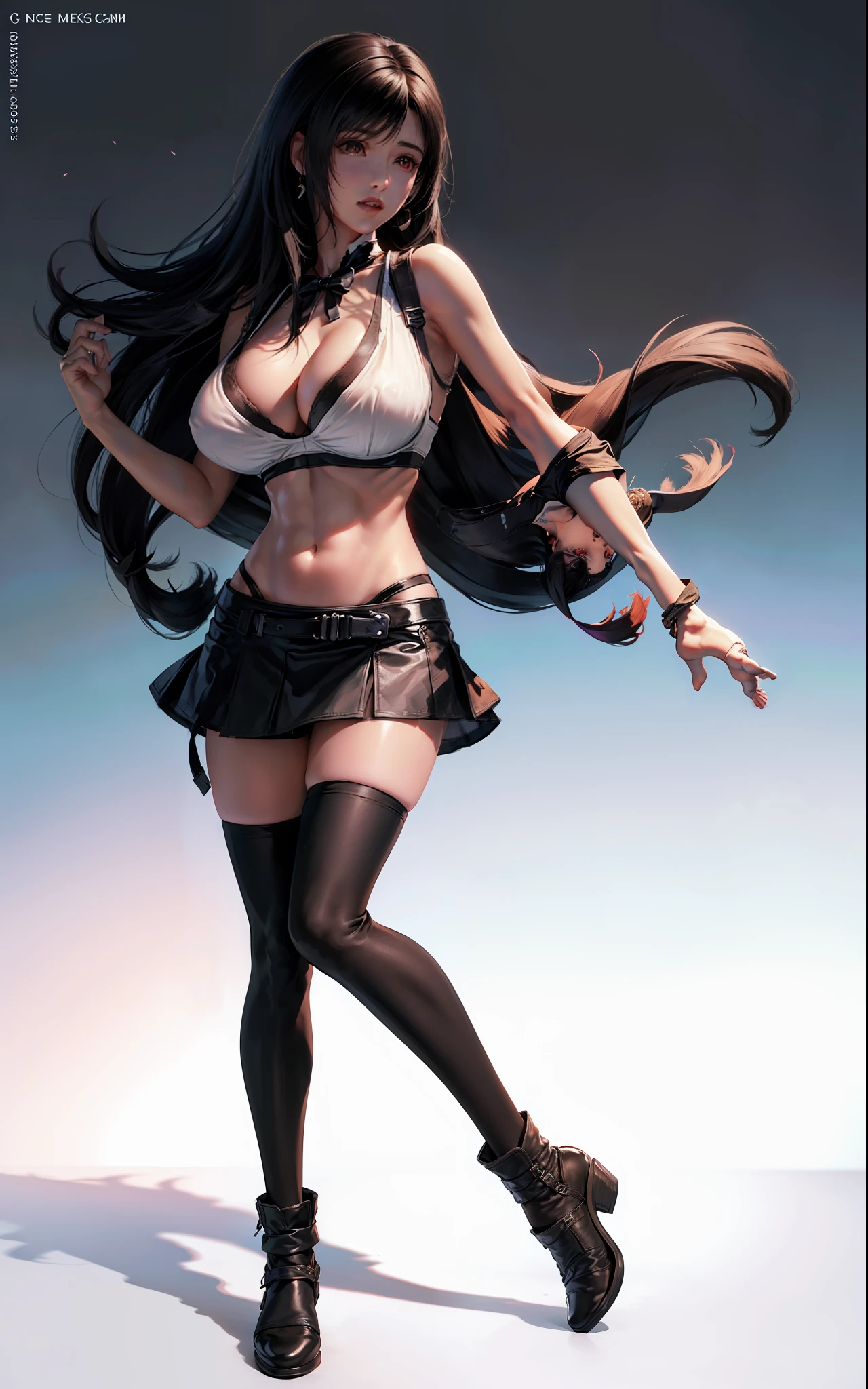 masterpiece, best quality,3d render work ,3DMM style,close-up, 3D,1girl, solo, black hair, teardropshaped earrings, realistic, (full body:1.5), (plain background, colour Gradient background:1.5) bangs, long straight black hair, parted lips, choker, makeup, (white sports bra:1.5), (red eyes), tifa lockhart, (huge breasts:1.5) enormous droopy breasts, macromastia, cleavage, exposed stomach, toned abs, toned arms, (black miniskirt:1.4) thigh high stockings, red boots, slim, thin figure, long legs