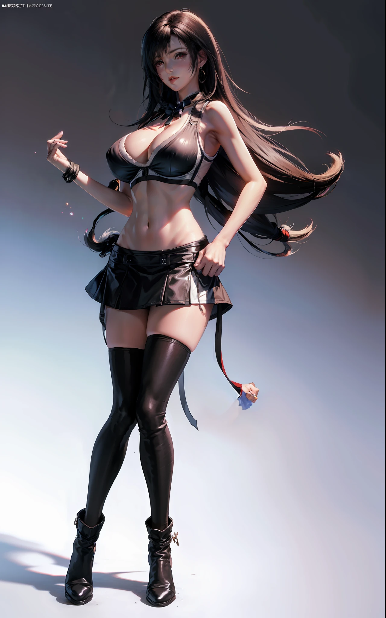 masterpiece, best quality,3d render work ,3DMM style,close-up, 3D,1girl, solo, black hair, teardropshaped earrings, realistic, (full body:1.5), (plain background, colour Gradient background:1.5) bangs, long straight black hair, parted lips, choker, makeup, (white sports bra:1.5), (red eyes), tifa lockhart, (huge breasts:1.5) enormous droopy breasts, macromastia, cleavage, exposed stomach, toned abs, toned arms, (black miniskirt:1.4) thigh high stockings, red boots, slim, thin figure, long legs