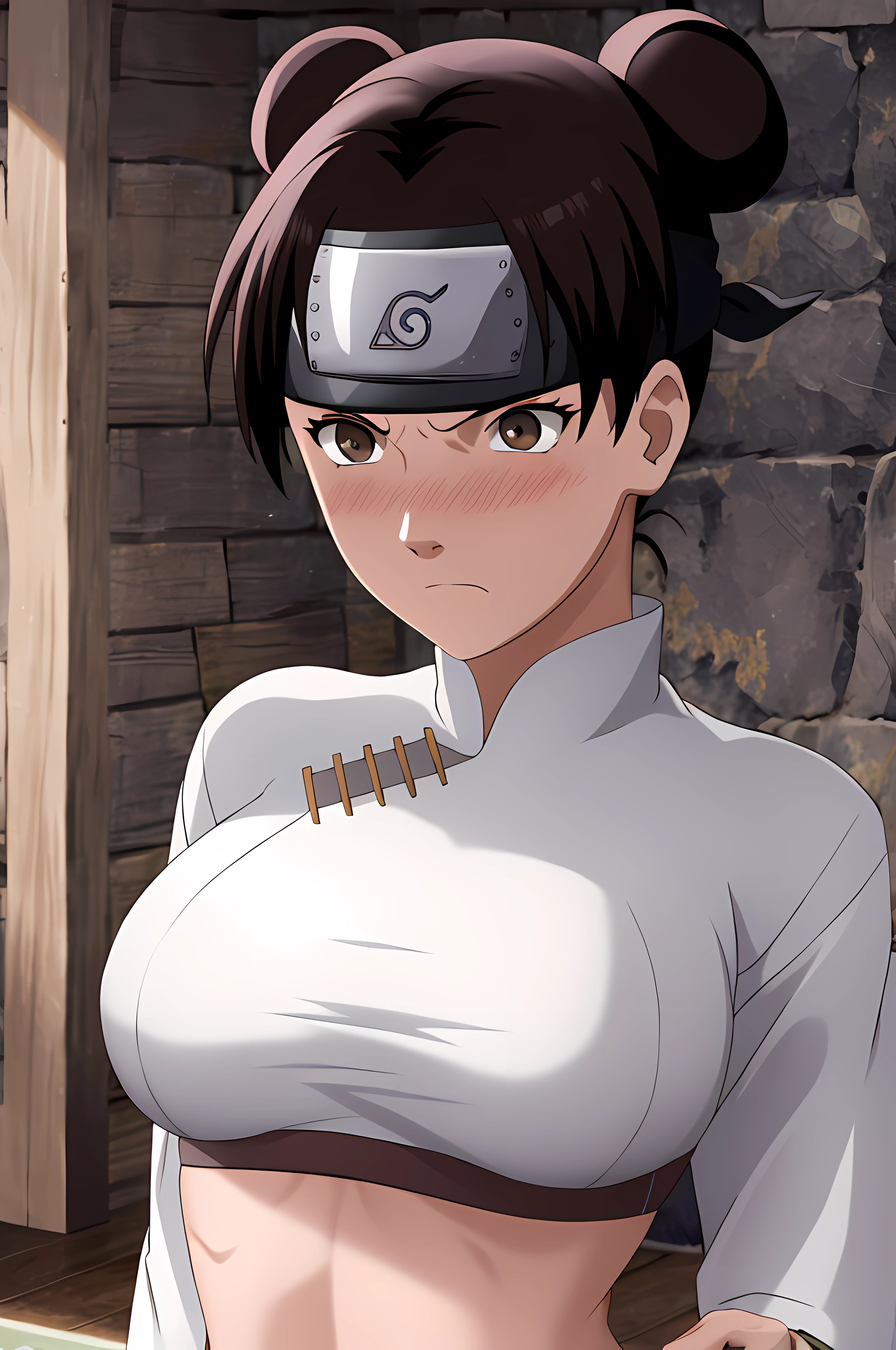 masterpiece, absurdres , (intricate details), (colorful),cinematic lighting,bust shot,extremely detailed CG unity 8k wallpaper,tenten\(shippuden\), 1girl, solo, large breasts, forehead protector, konohagakure symbol, headband, looking at viewer, frown, (white sports bra), (white miniskirt), (field background), blushing, tennis racket, skinny waist, ((busty)),