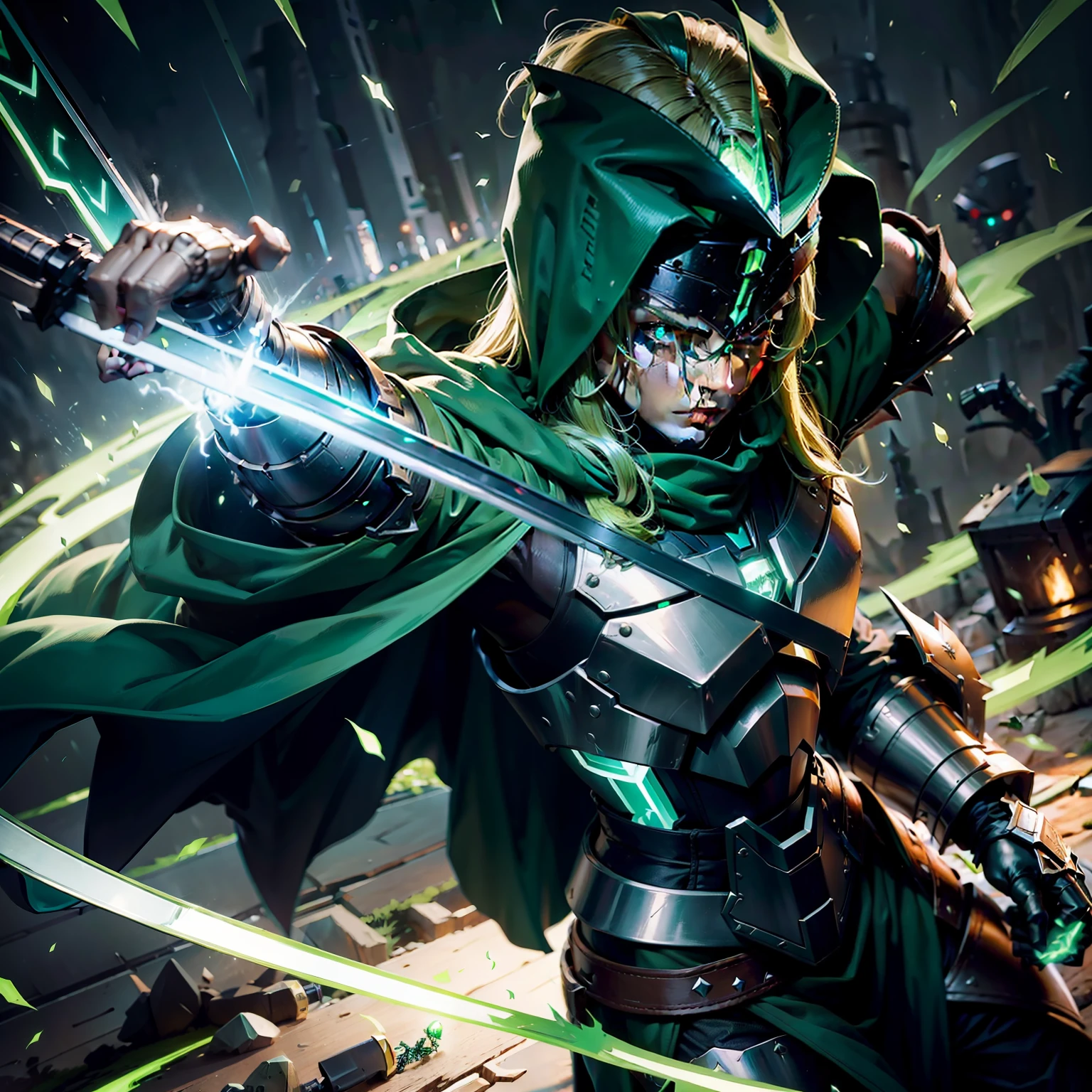 o Crie uma mistura de homen de ferro com doutor destino supremo ( Victor vam Dom ) wearing a green cloak and hood invading a medieval city with an army of robots is one using a green lightning spell with a robotic arm and long yellow hair AND wearing an iron mask , It should be rainy weather and your robots should emit green arcane energy AND with a sword cursed with green flames