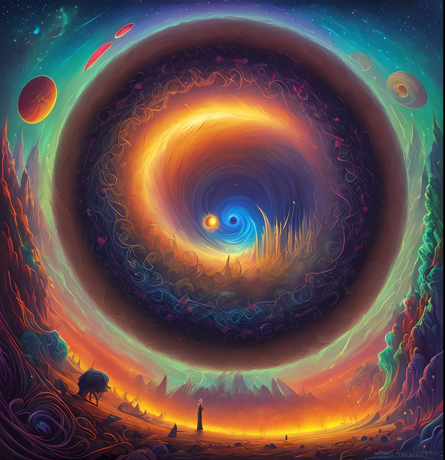 grupo de orquestra, a circle with a spiral background, Epic Music album cover, arte de fundo, epic surrealism 8k oil painting, album cover concept art, arte do bipe, music album art, inspirado em Cyril Rolando, Dan Mumford Tom Bagshaw, epic stunning atmosphere, Harmonia do Universo, surreal mystical atmosphere, music album cover, Psychedelic, terror, Lovecraft