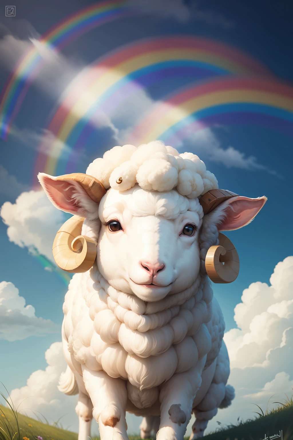 drawing of a sheep with a childish face looking at a rainbow
