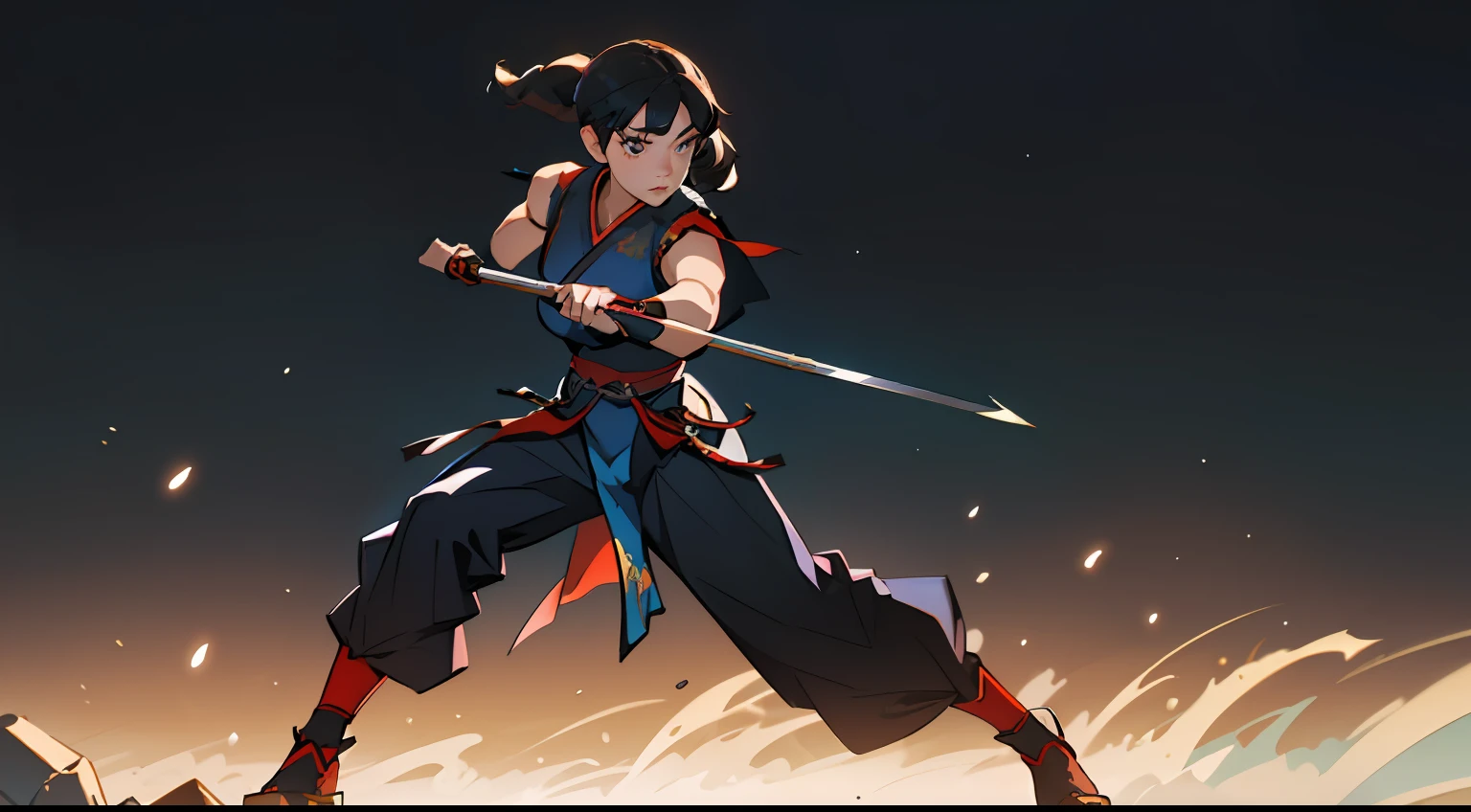 (best quality, masterpiece), full body shot, 30 years old 1girl, oriental warrior costume, extremely detailed multicolor outfit, oriental fantasy, short stiff twintails hair, dynamic pose, no weapon, free hands, plain black background