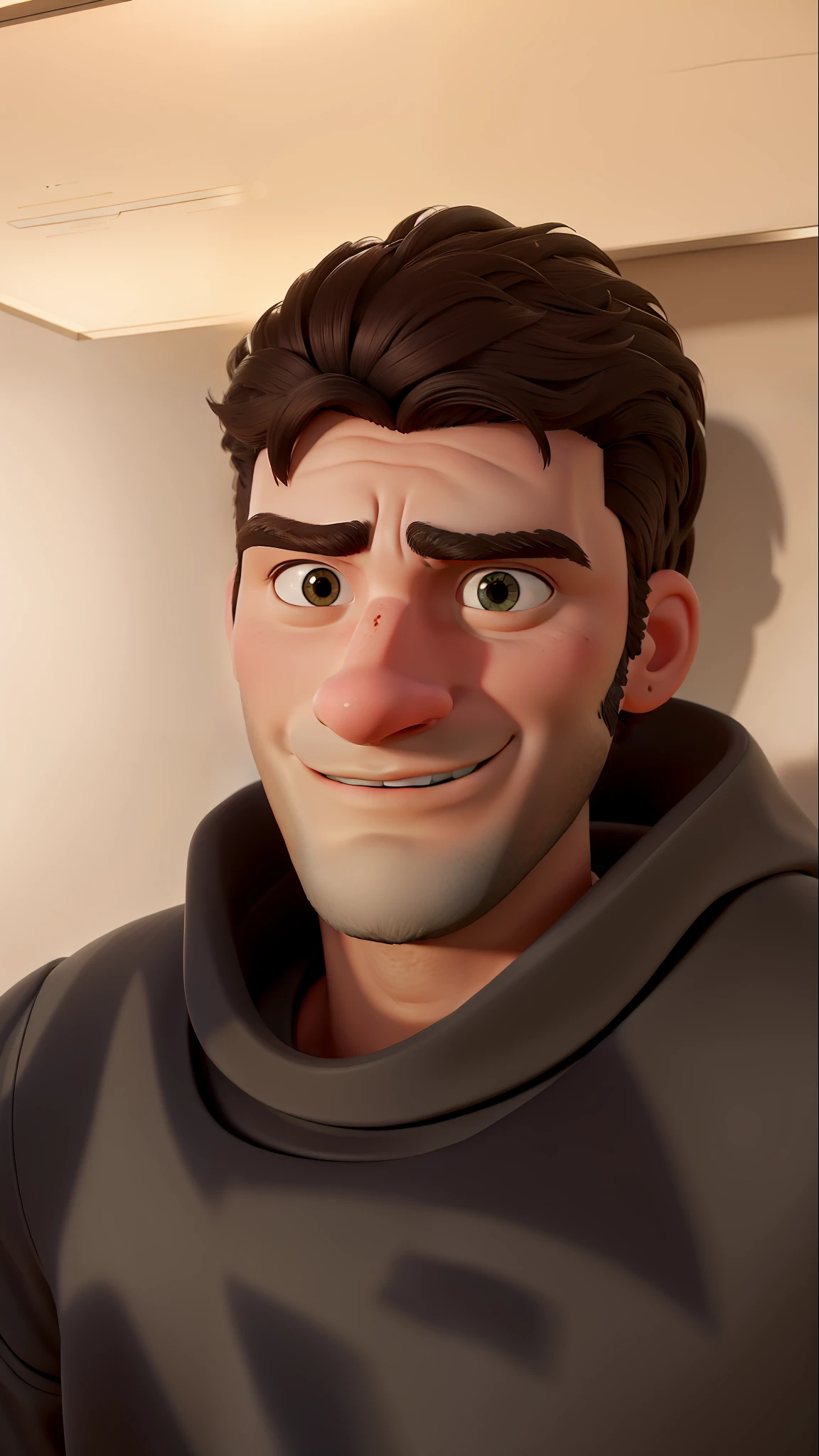 Obra prima de uma homem de aproximadamente 28 anos, Beautiful in Ultra Definition, em retrato, rosto reto, serious facial expressions, barba bem feita, highlighting your eyebrows that are joined with wires in high quality, qualidade de cinema disney, cabelo liso castanho escuro com mechas escuras bem iluminado, serious face, ao fundo um travesseiro branco, cinematic lighthing, profesional lighting, studio illumination, 8k