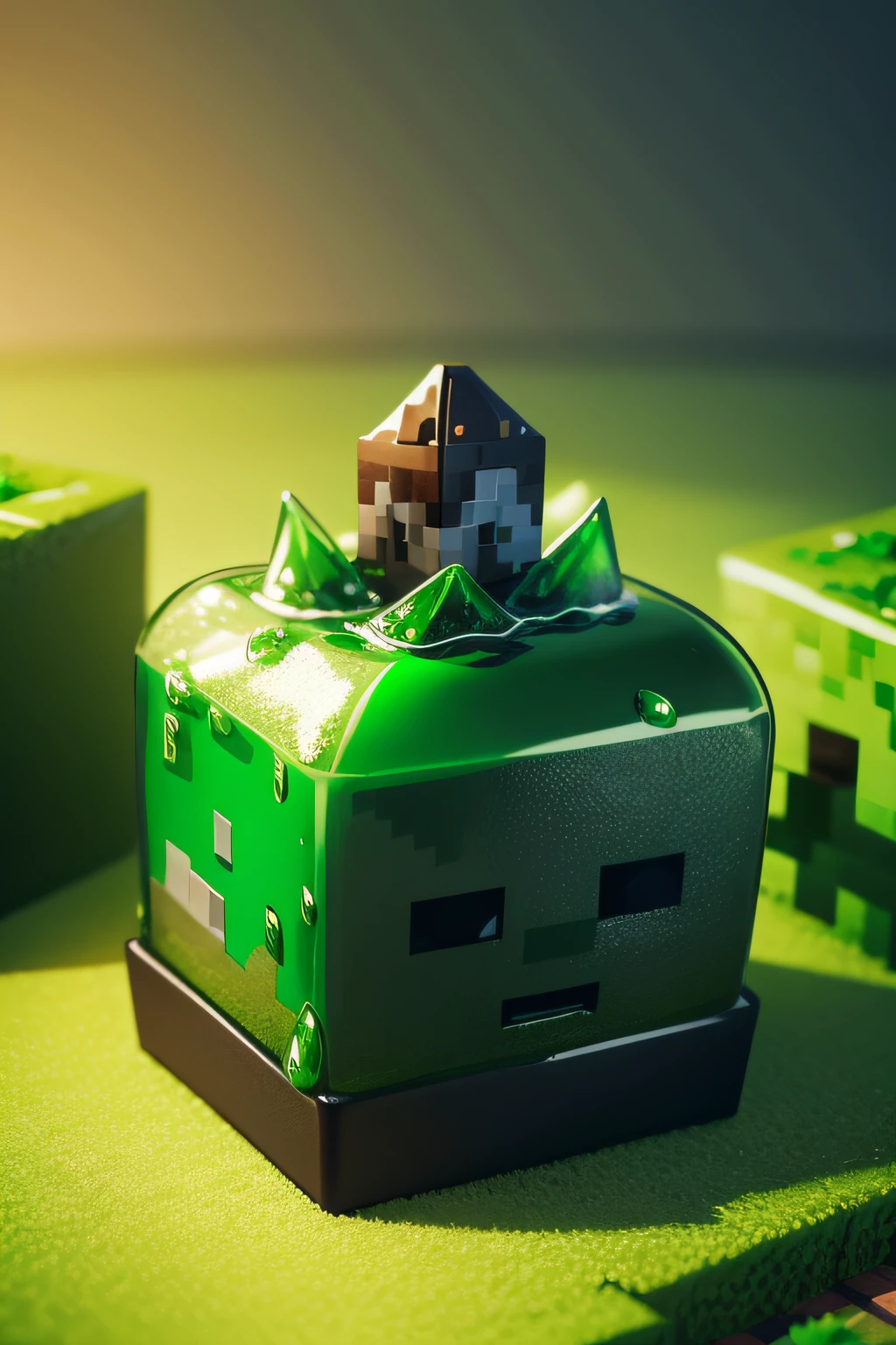 quero uma imagem de minecraft, quero que tenha um mundo de minecraft no fundo com um pouco de desfoque, na frente eu quero um bloco de grama no mine, e quero um personagem de minecraft sentado em cima dele com uma skin de slime