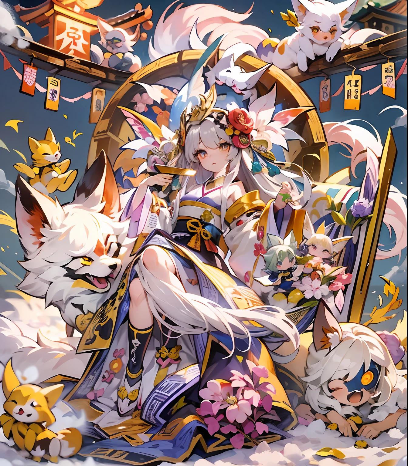 (masterpiece、top-quality、ultra-detailliert、Best Shadows)、细致背景、a sticker、hight resolution、ultra-detailliert、((the Nine-Tailed Fox))、(1 Chibi Character)、Shrine of Japan、Beautiful hair、kawaii faces、A detailed eye、9 tails、Japan Yokai、livestream、Detailed hand、perfect hand、intricate detailes