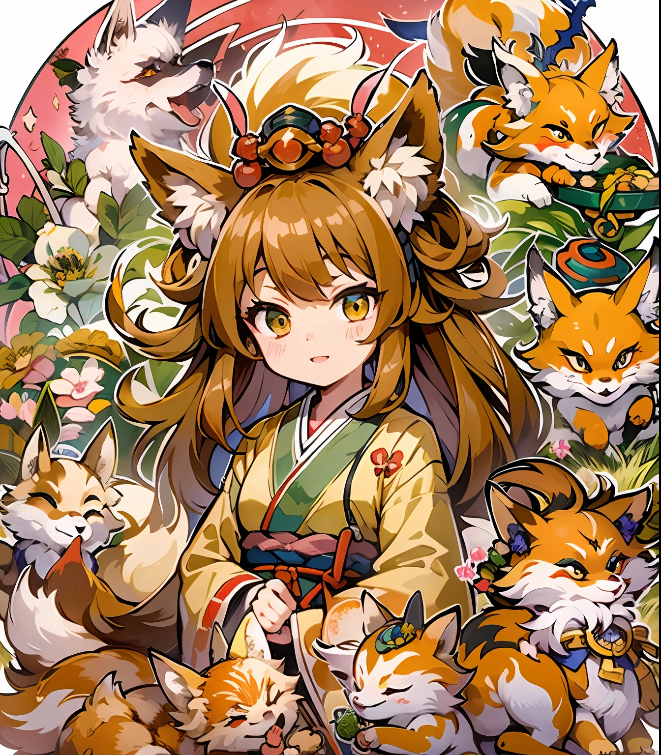 (masterpiece、top-quality、ultra-detailliert、Best Shadows)、细致背景、a sticker、hight resolution、ultra-detailliert、((the Nine-Tailed Fox))、(1 Chibi Character)、Shrine of Japan、Beautiful hair、kawaii faces、A detailed eye、9 tails、Japan Yokai、livestream、Detailed hand、perfect hand、intricate detailes