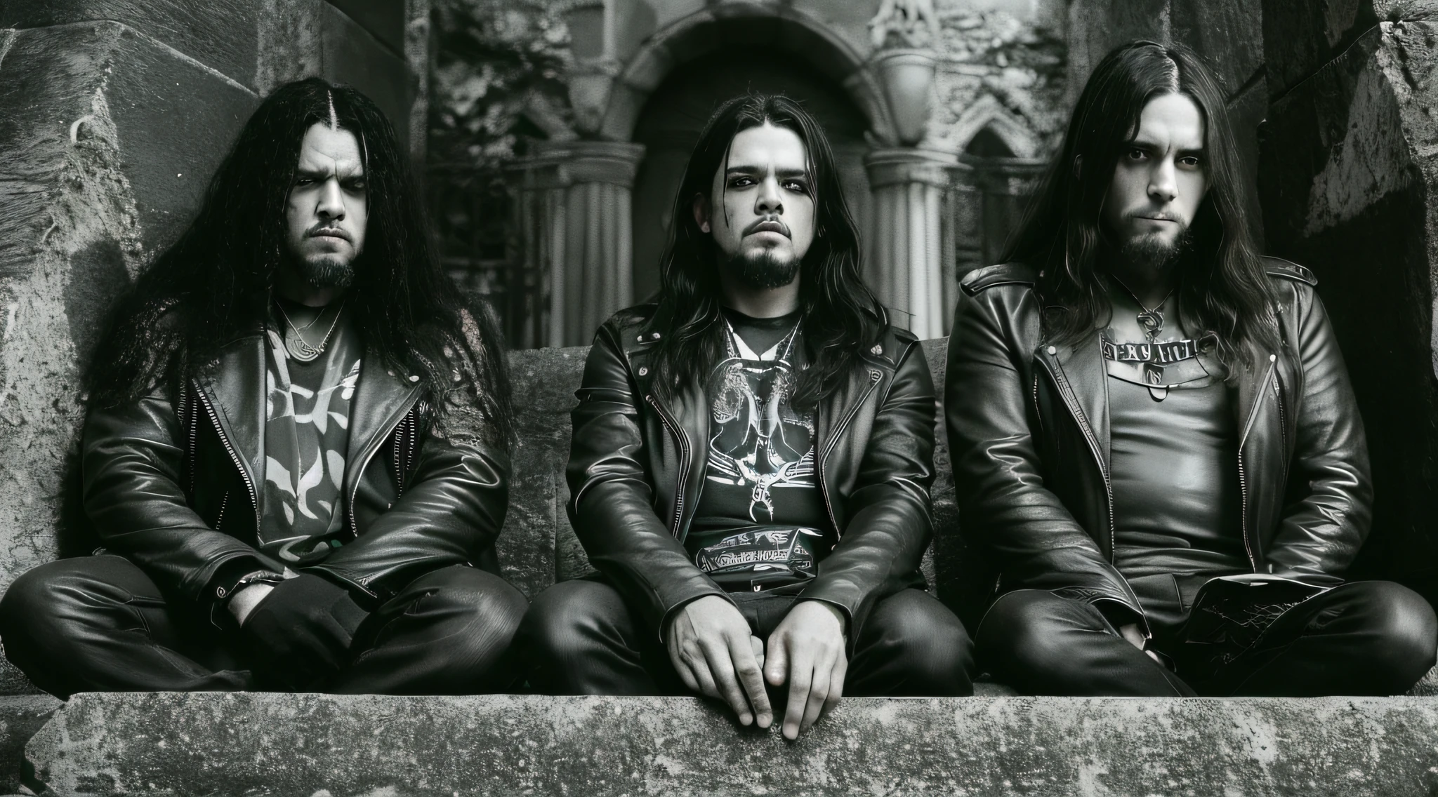 Three men in leather jackets sitting in a grave with their hands on the ground, sepultura, thrash metal, photo documetalism, Black Metal Aesthetics, Metal pesado 1981, black metal rococo, Black Metal, escala de cinza 1 9 9 0, Doom Metal, sentam-se ao lado de uma pilha de ossos, estilo Black Metal, vinheta muito pesada!!!