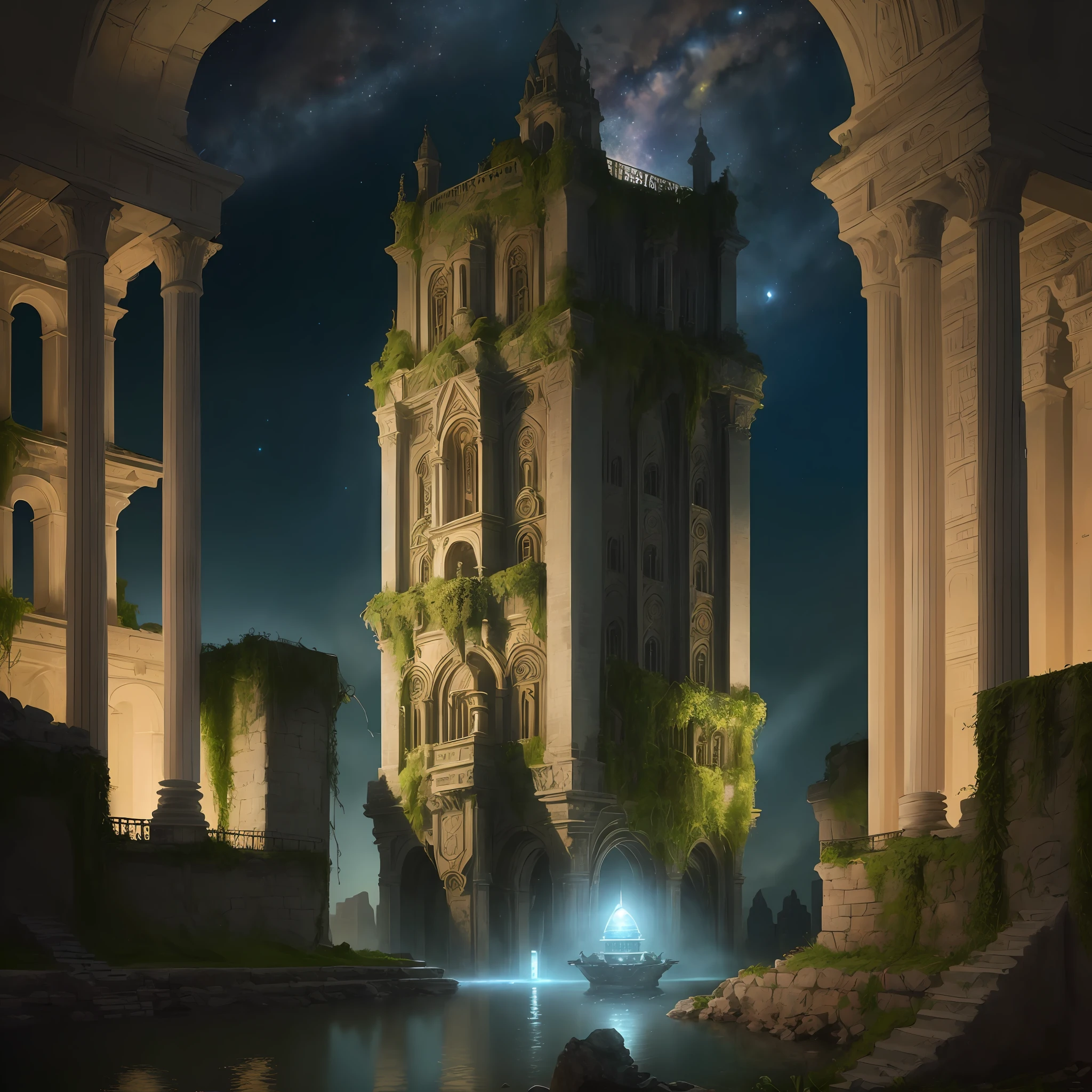 (masterpiece, best quality, realistic, detailed, sharp:1.2), Labyrinth, hanging gardens, with an alien space craft going into the water at night in Peruvian ruins, cinematic lighting, intricate detail