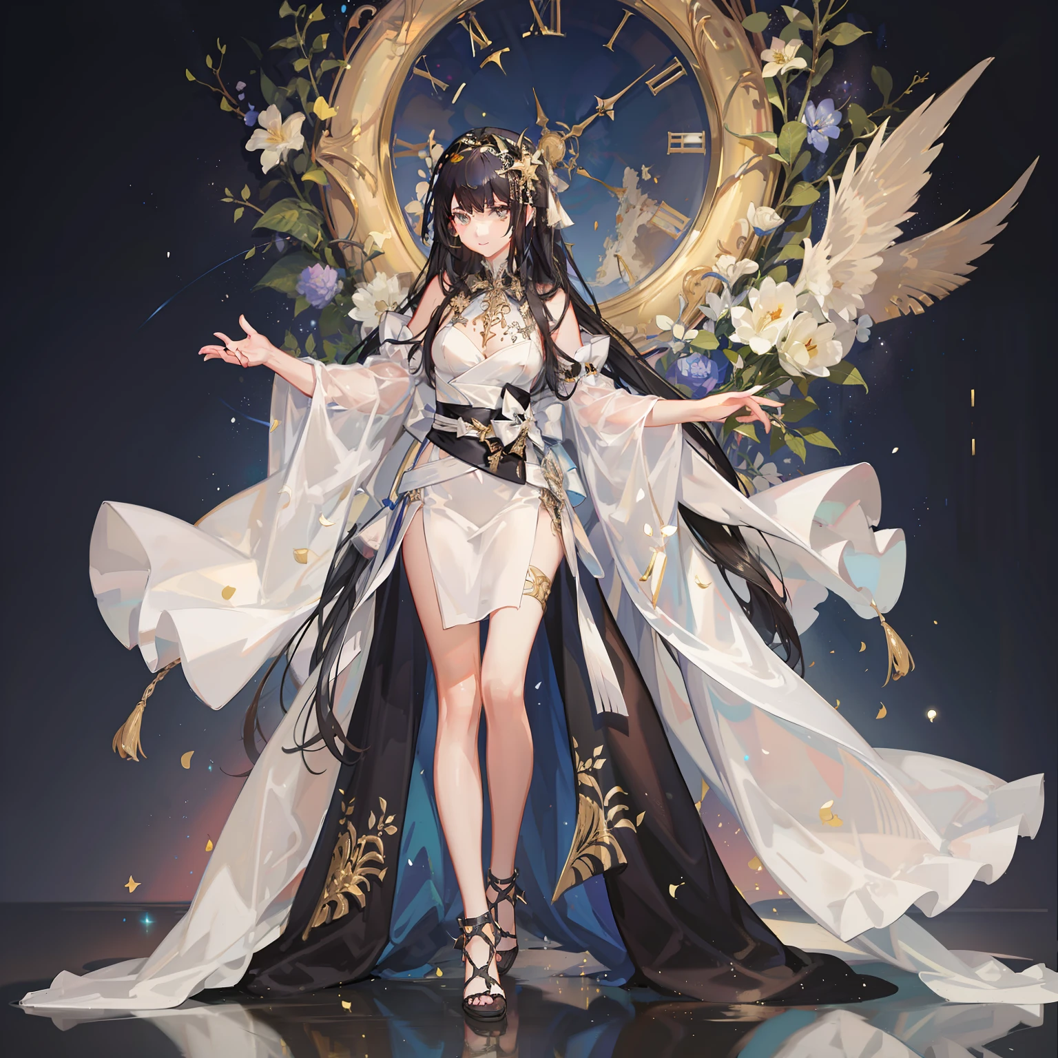A girl with black hair in a white gown and a gold sash, walking along a trail of stars.
