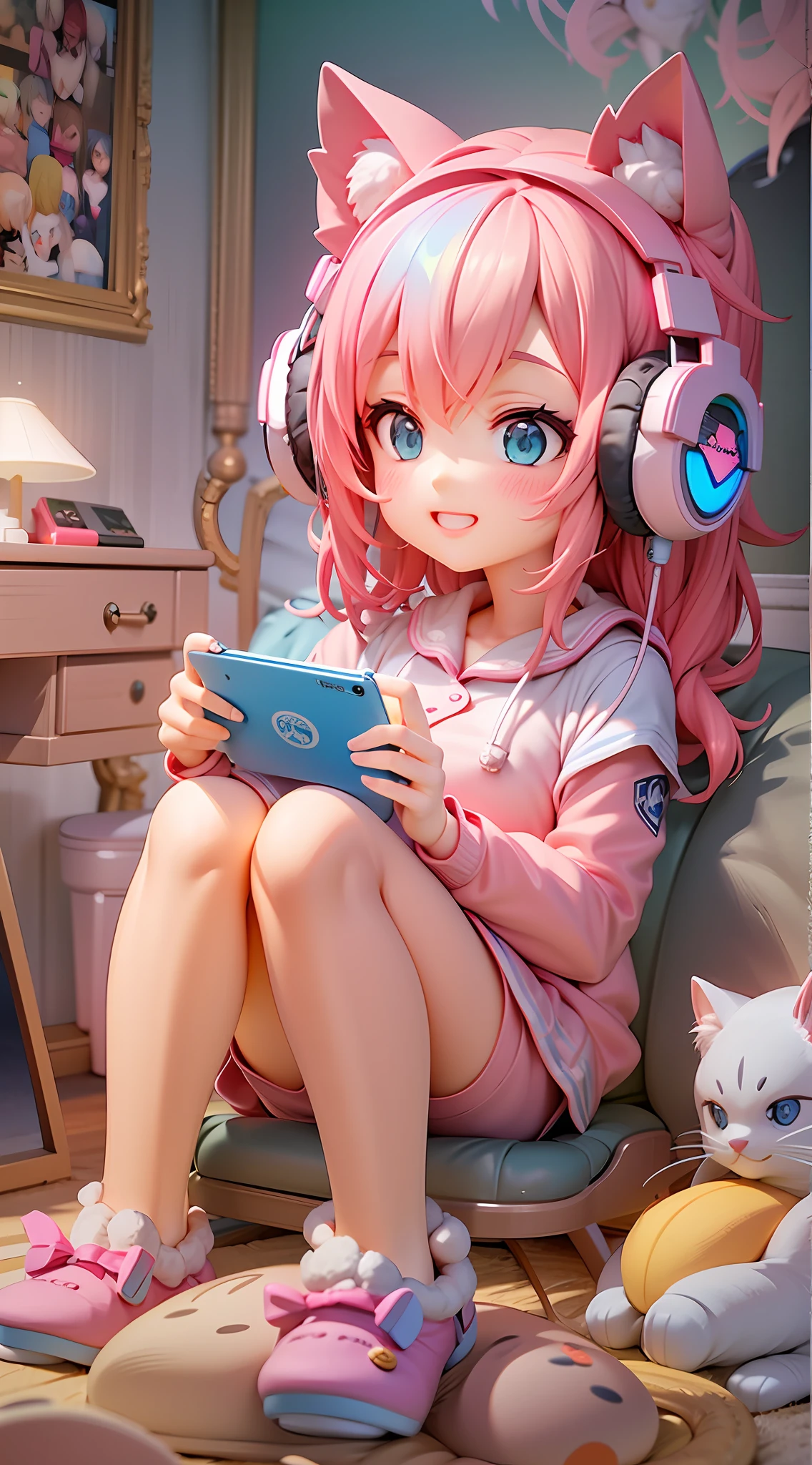 1girl, beautiful eye, smile, gaming girl, cheerful expression, fluffy pink hair, long and wavy, twinkling blue eyes, pink pajamas, cute cat ear headphones in pastel colors, cross-legged pose, playing a handheld game console, a soft and fluffy room background, plush toys scattered around, pastel-colored pillows, warm glow from a nearby desk lamp, fuzzy carpet under her, game console screen glowing with vibrant colors, fluffy slippers peeking out from under her pajamas, soft shadows adding depth to her surroundings, light from the game console illuminating her face, focus and enjoyment evident in her eyes, fingers deftly moving over the game controls, soft blush on her cheeks, strands of hair falling over her face, a happy grin lighting up her face, headphones adorned with cute cat-themed details, ear tufts and pink accents, her posture relaxed and comfortable, colorful game posters adorning the walls, game-themed trinkets and figurines on shelves in the background, a comfortable gaming chair behind her, hint of a giggle escaping from her lips, relaxed and cozy atmosphere, gentle, playful and carefree, pillows and plush toys mirroring her love for games, fluffy and soft textures contrasting with the sharp glow of the game screen, overall scene full of cuteness and fun,