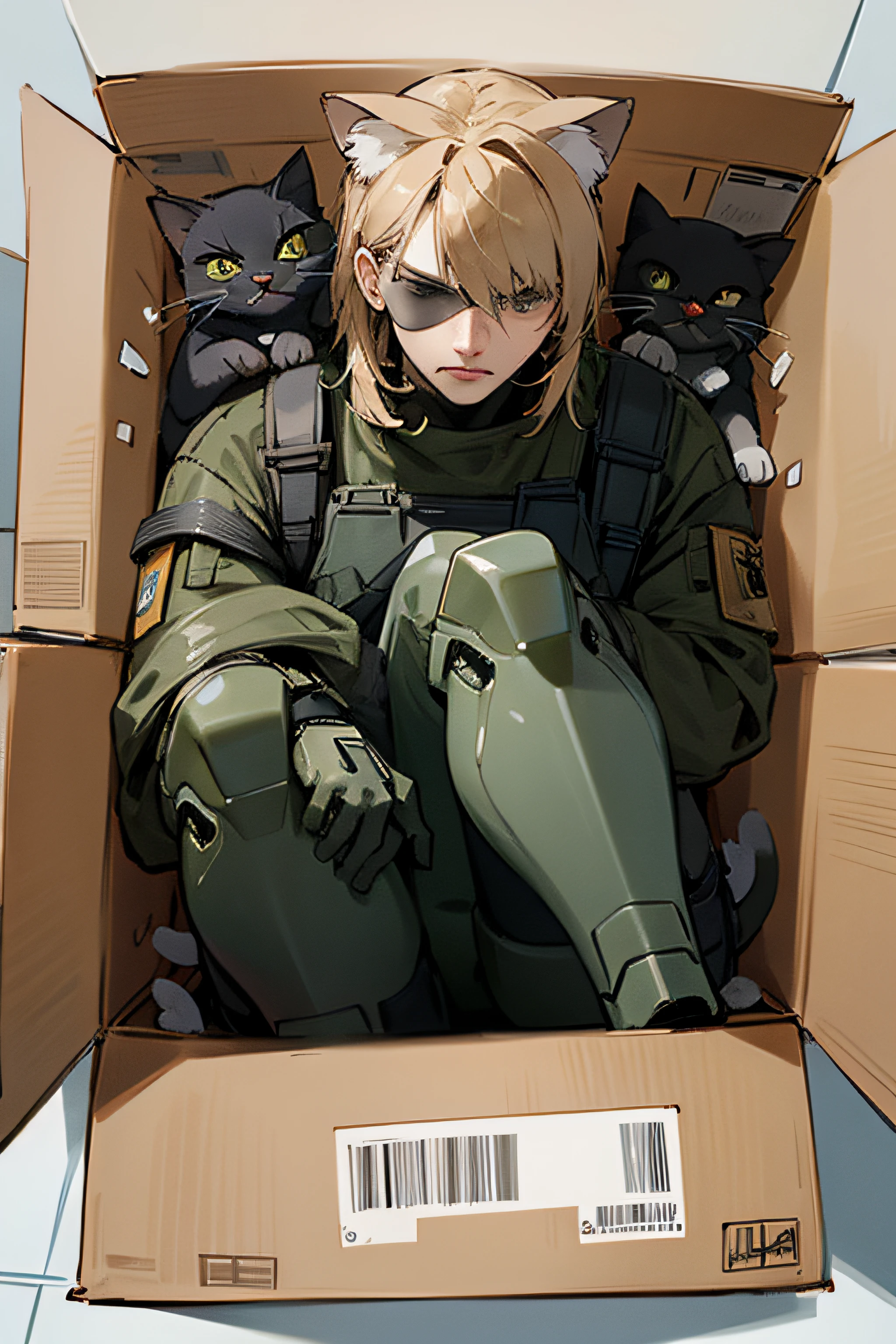 masterpiece,solo, cat dressed like snake from metal gear solid, in_box, with an eye patch