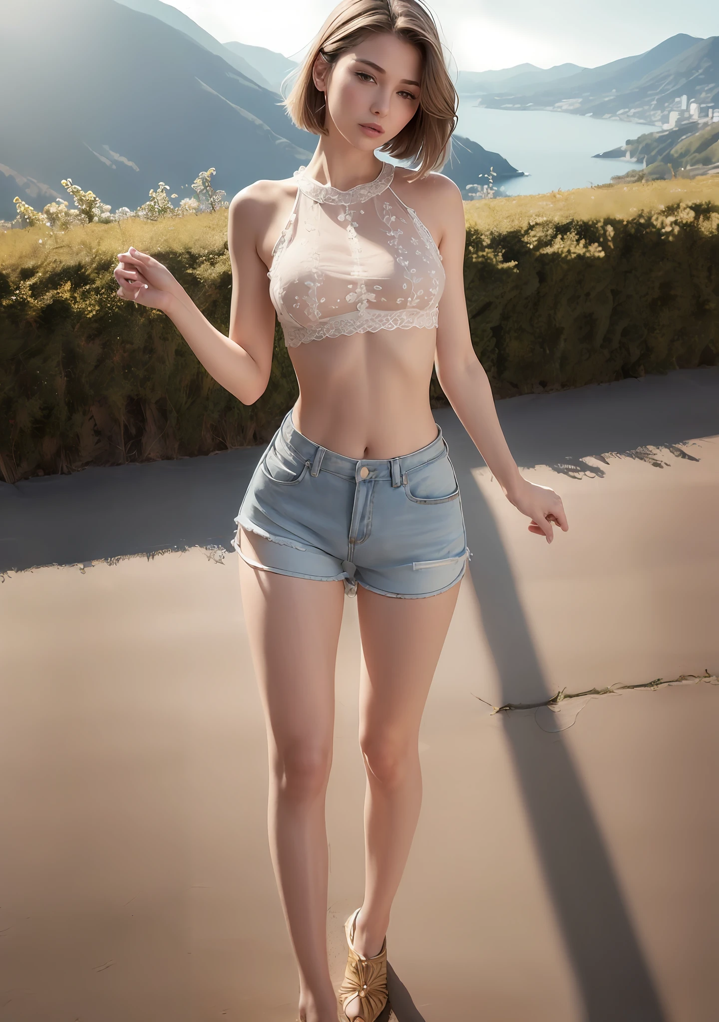 (crop top,:1.3), (photorealistic:1.4), (best quality:1.0), (ultra highres:1.0), 8k, RAW photo, (masterpiece:0.5), ultra-detailed, close short, beautiful skin, ultral detailed skin, looking at viewer, (full body shot:1.5), (short hair:1.4), light smile, (grey hair:1),blush,detailed water, ultral detailed sky,wet, depth of field,Alps, {best quality}, {{masterpiece}}, {highres}, extremely detailed 8K wallpaper, (1 girl:1.5), {an extremely delicate and beautiful},ocean,slim leg,narrow waist, (cityscape,:1.4),large breasts, field,light rays, crossed legs,walking, (from behind:0.7),huge ass, (shorts:1.3),beautiful golden eyes,eyelashes,eyeshadow,neat figure,adolescent,(Delicate and detailed skin:1.7),perspective,thighhighs,