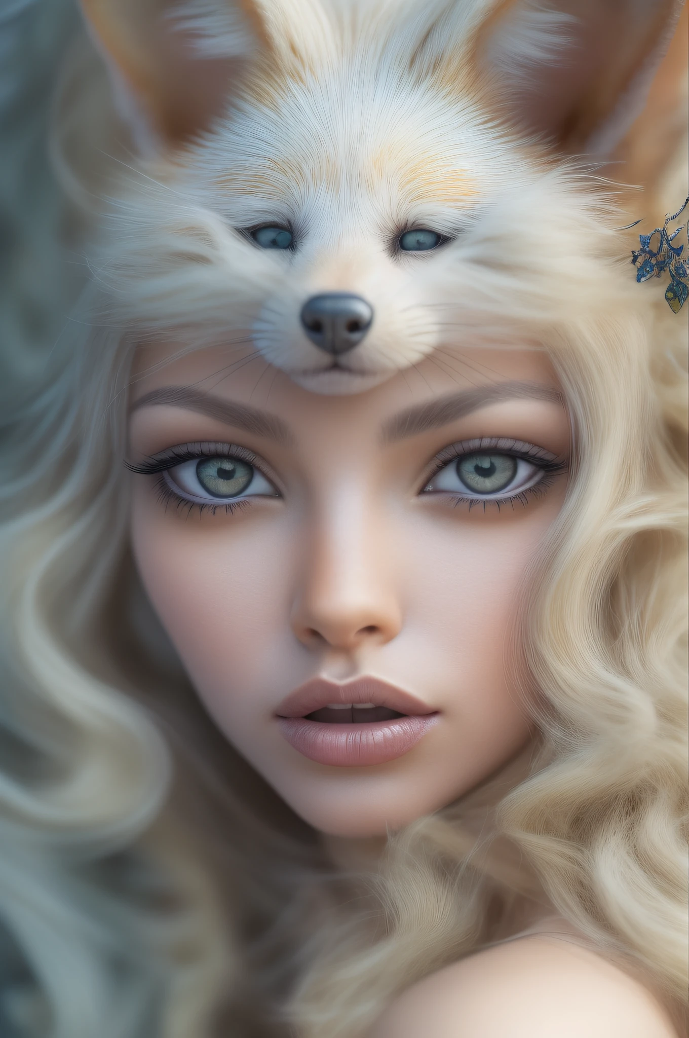 Uma linda deusa feminina ((raposa de corpo inteiro)), com detalhes nas caudas, (((kitsune de nove caudas))), em pele azulada com tons de branco e cabelos ultra realistas lindos como a neve, cabelos loiros, olhos verdes, orelhas de animal, modelagem facial perfeita magia leve, com um toque de surrealismo, hiperdetalhado, artefatos jpeg, UHD, obra-prima, anatomicamente perfeito, curadoria, super detalhado, alto detalhe, alta qualidade, alto detalhe, superior, 8k, Greg Rutkowski, genial, detalhe intrincado, conceito de fantasia arte, obra-prima da arte desviante, cinematic and photographic in great image detail, nitidez absoluta, qualidade de textura geral insanamente alta, insanely realistic visible skin pores, 16K UHD, foco nítido, profundidade de campo profundo, de extrema beleza, Fujifilm GFX 50S camera , with extreme perfection.