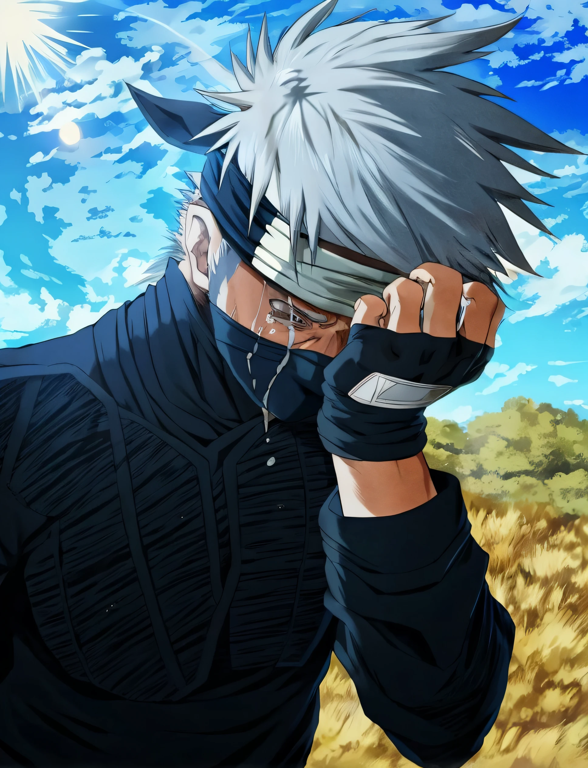 cara anime com cabelo branco e camisa preta chorando, kakashi hatake , Shinobi, Ele tem cabelos grisalhos , chorando, Motor Unreal 5 , tears coming out of her eyes , chorando