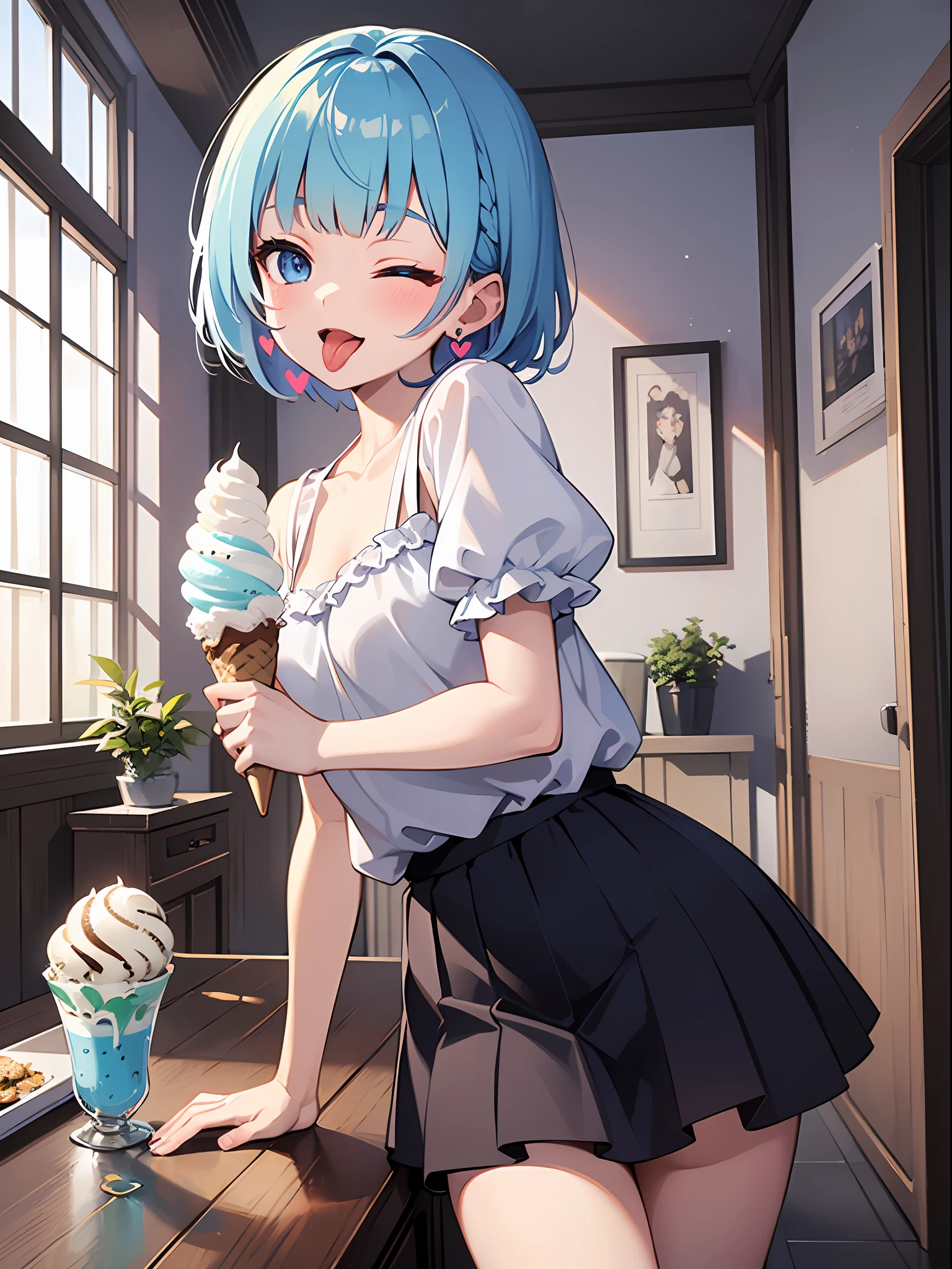 (masterpiece:1.3), (best quality:1.3), high resolution,
upper body,
leaning forward, (holding:1.1), body facing forward,
(one cute girl:1.3), solo,
white skin, small Breast, eight-headed person,
light blue hair, (bobbed hair:1.2), (short hair:1.1), (blunt bangs:1.2), beautiful hair, blue eyes, beautiful detailed eyes,
(tongue out:1.3), blush, open mouth, heart, cheerful smile, one eye closed,
short dress, casual clothes, blue check skirt, frill, miniskirt, earrings,
indoors, white room, (ice cream:1.2),
shadowlighting,