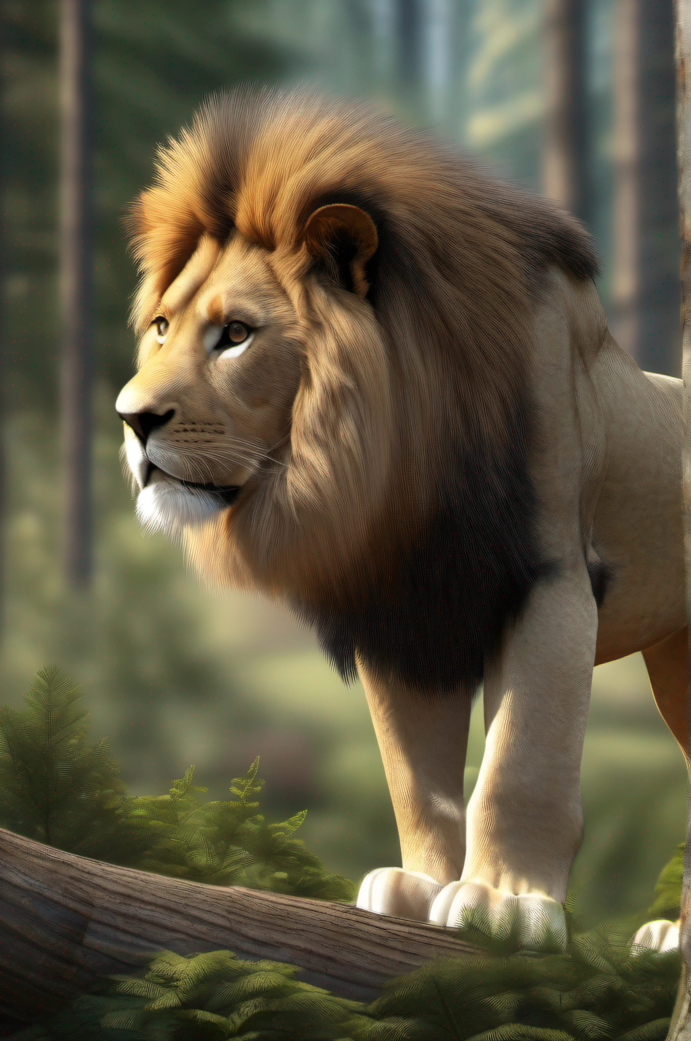 high definition image of a lion looking to the side in a forest