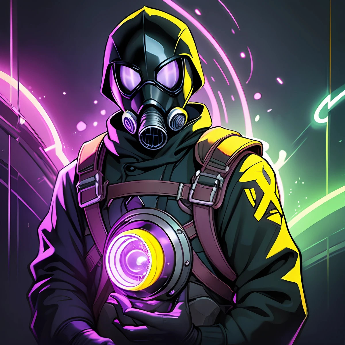 A man in a gas mask with green neon lights, looking at an unknown shiny object with engraving patterns, the object is black with grooves and engravings that reveal a white and shiny content, Capuz Branco, Gas mask, gas mask orange lights, Olhos em forma de X, Olhos em forma de X laranja brilhante, luvas pretas, Capuz Branco, Roupas manchadas de sangue, roupas brancas com sangue, Avental branco, colete branco, fundo roxo, fundo roxo, paredes roxas, estilo dos desenhos animados --auto --s2