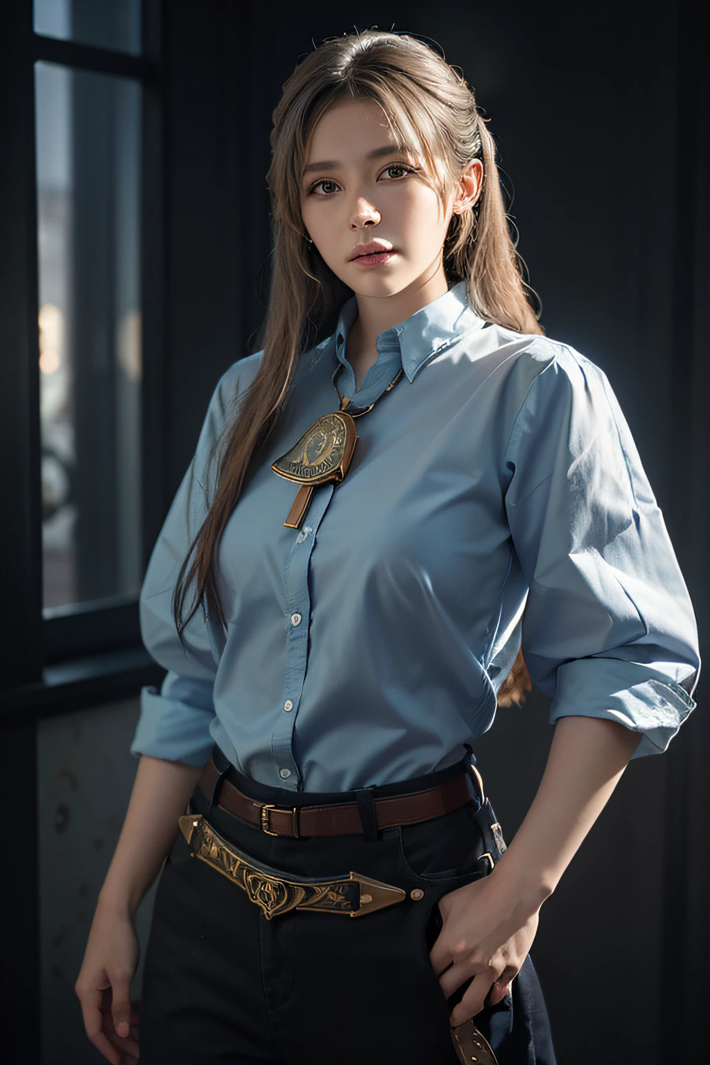 Hyperrealist portrait of female by david hockney and alphonse mucha,fantasy art, photo realistic, dynamic lighting, artstation, poster, volumetric lighting, very detailed faces, 4 k, award winning,, 1girl, in the dark, deep shadow, low key,cowboy shot,(official clothing:1.4) ,long hair,white hair,