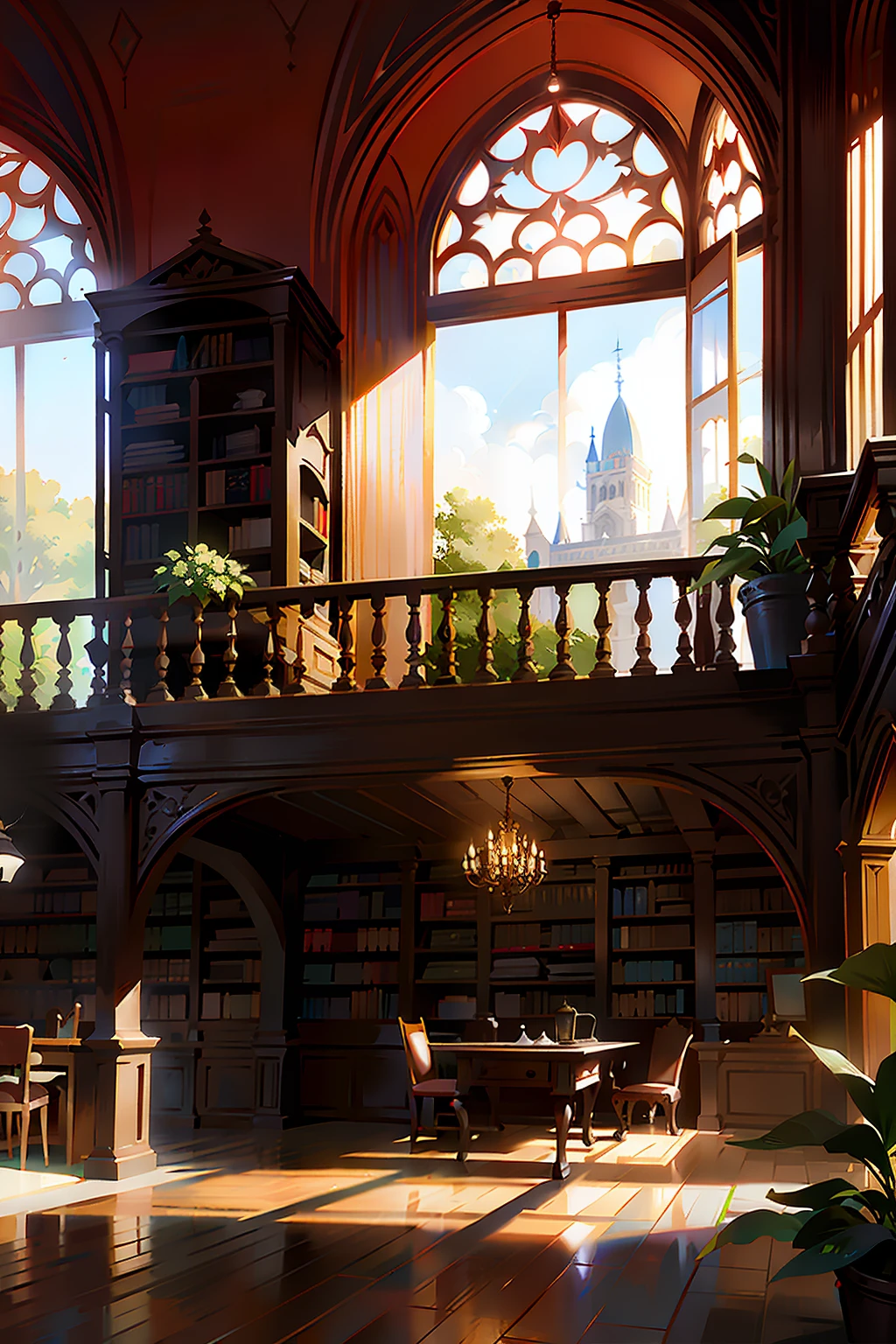 There is a room with balcony and a balcony with table and chairs, Antecedentes de la biblioteca, gothic epic library concept, Fondo interior de la biblioteca, Antecedentes de la Biblioteca Alquimista, Biblioteca del castillo, Biblioteca polvorienta, Biblioteca de lujo, Epic Gothic Library, Biblioteca antigua, gothic library, Biblioteca antigua, Dentro de la biblioteca de un castillo, Gran Biblioteca, gloomy library, realistic afternoon lighting, Escena altamente detallada