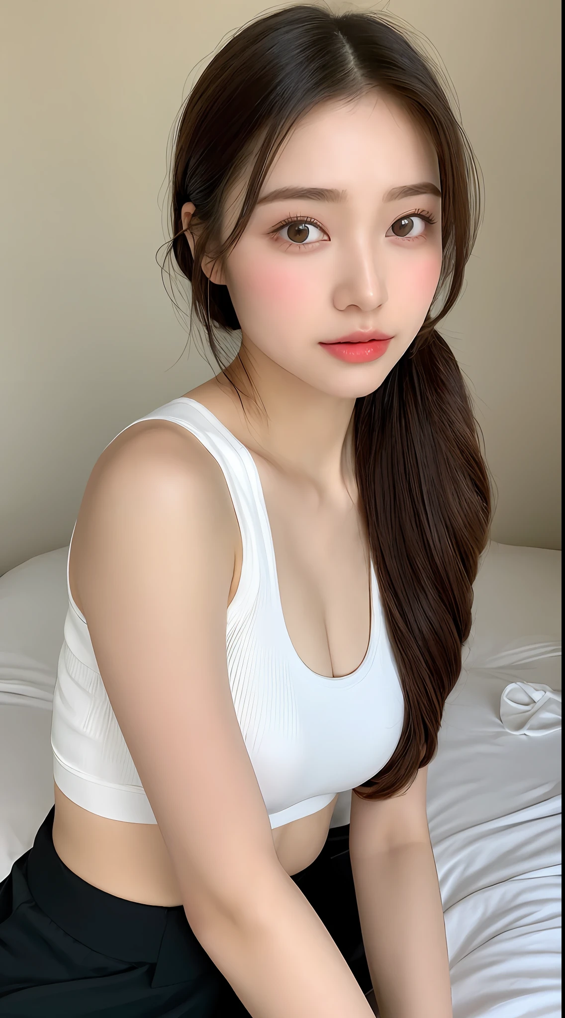 、top-quality、realisitic、realisitic、ighly detailed、extremely delicate and beautiful、RAW Photography、Sitting in bed、profetional lighting、lighting on the face、depth of fields、Single focal length、morning、full bodyesbian、a 20 yo woman、brown haired、、brown-eyed、small head、((huge tit))、fashionGirl、beautidful eyes、True Face、authentic skin、lifelike face、real looking skin、A detailed eye、Doing yoga、(Fashionable hairstyles:1.3)Dynamic poses、viewer、See detailed faces and breasts、announcer,See-through shirt。The tips of the are sticking out。areola protruding。The shape of the pubic area is clearly visible。gals。Lots of lashes。Pure black eyeshadow。Pitch black lip。Pure black sexy pin heels。the lower abdomen bristles。A slender。Crotch open。My are big and are about to spill out of my bra。Very much pubic hair。pubic hair is very protruding,Petite and delicate figure、A-cup、Camel toes