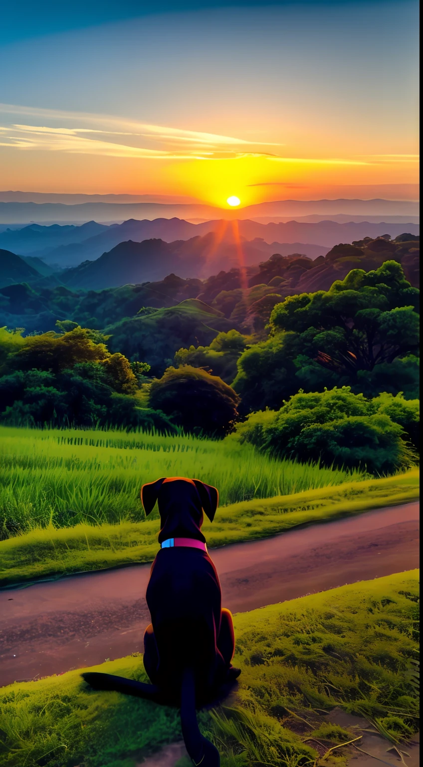 the setting sun,evening light,view from long distance,realisticlying,plethora of colors,Gorgeous and colorful,wide wide shot,Shoot at night,positive,natural style,hdr shot。doggy,a person