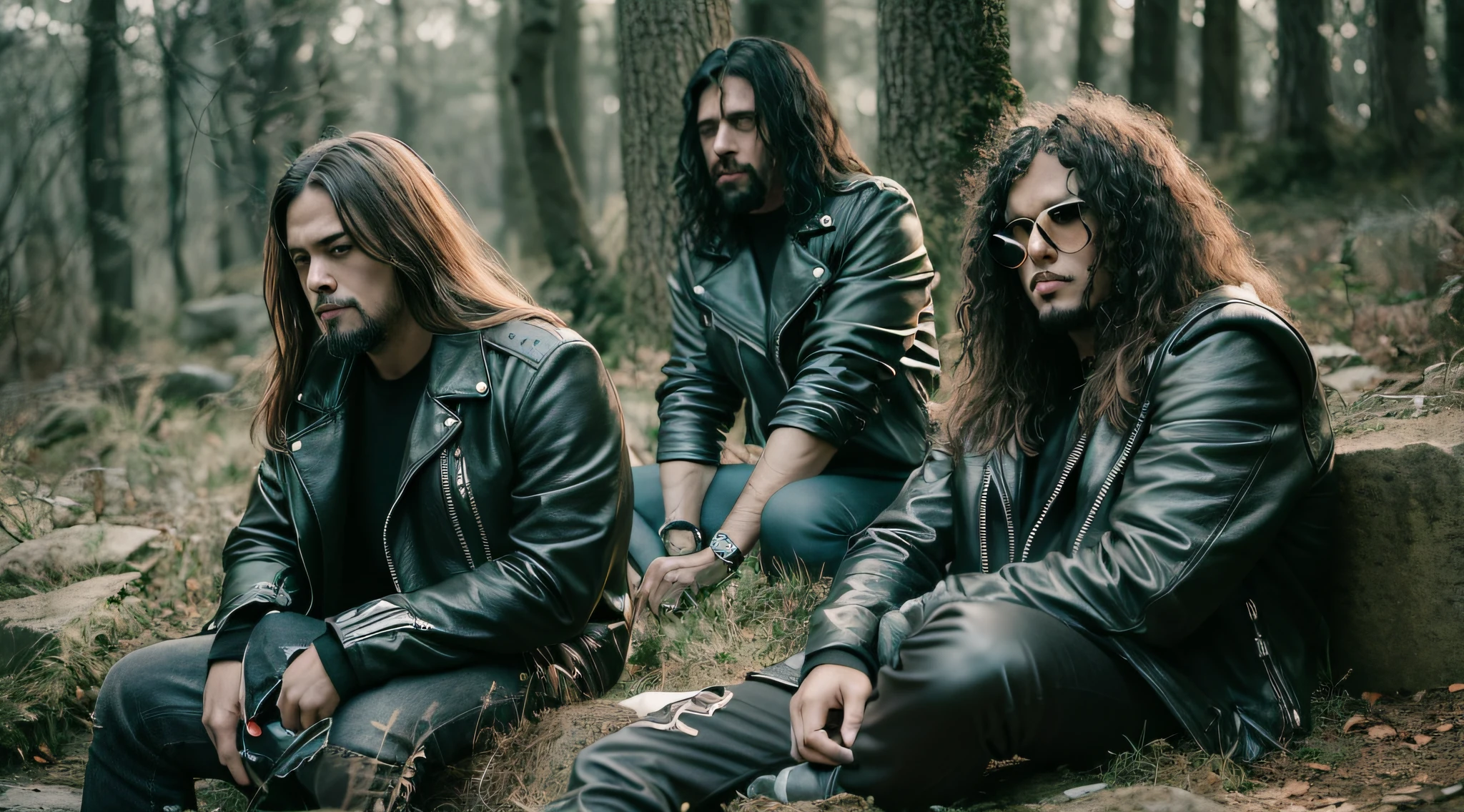 Three men in leather jackets sitting in a grave with their hands on the ground, sepultura, thrash metal, photo documetalism, Black Metal Aesthetics, Metal pesado 1981, black metal rococo, Black Metal, escala de cinza 1 9 9 0, Doom Metal, sentam-se ao lado de uma pilha de ossos, estilo Black Metal, vinheta muito pesada!!!