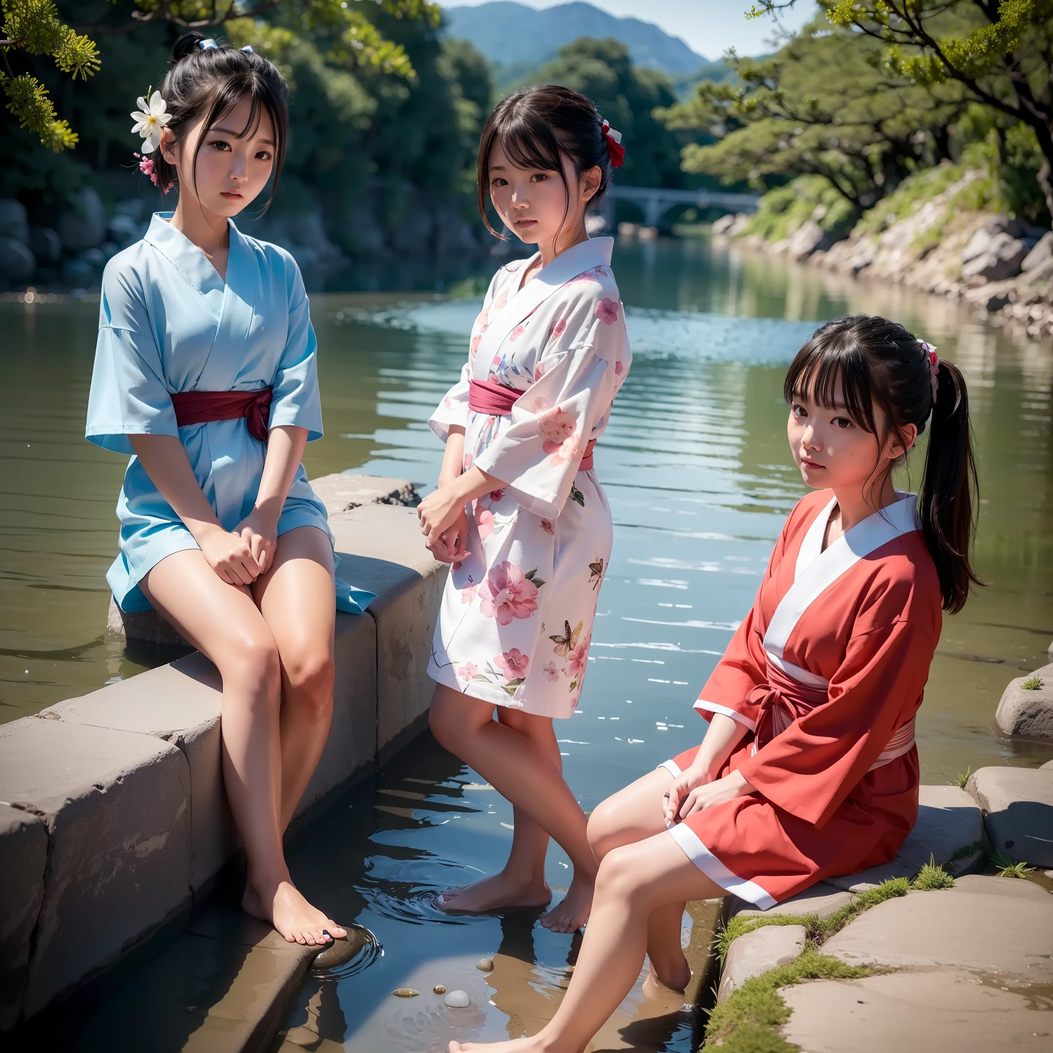 (in 8K、Raw photography、top-quality、masterpiece:1.2)、ultra-detailliert、River background with clean water at night、Live-action girls、Japan girls watching fireflies in cute yukata