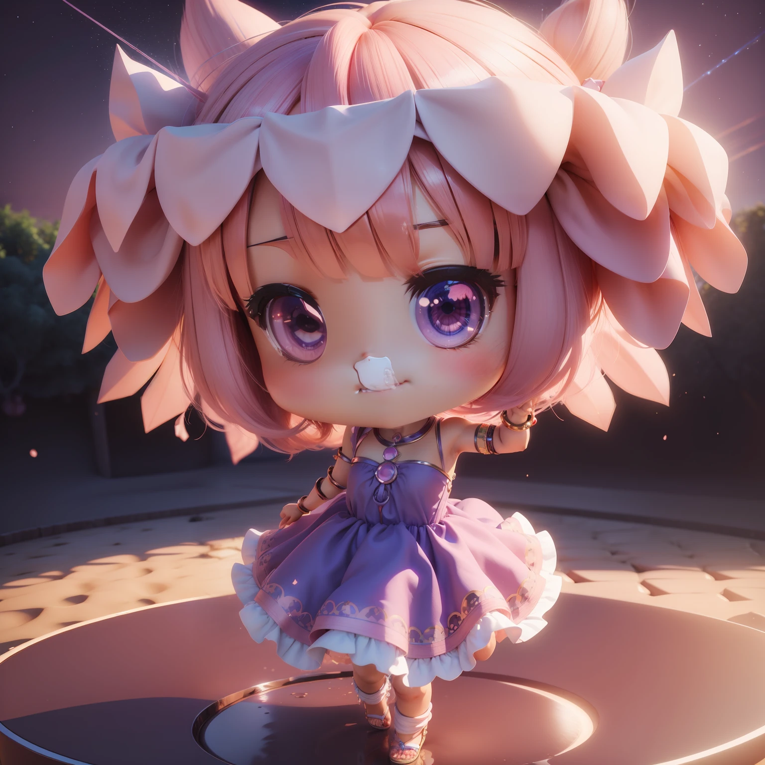 (((chibi3d)))Cute and beautiful Chibi anime girl/Baby Pink's Straight Hair,Blue-violet eyes,Wearing an Indian style summer dress,A huge fruit parfait rests on its head,Arms outstretched,Dynamic shots of the face,Cute smile,intergalactic,Meteor swarm,