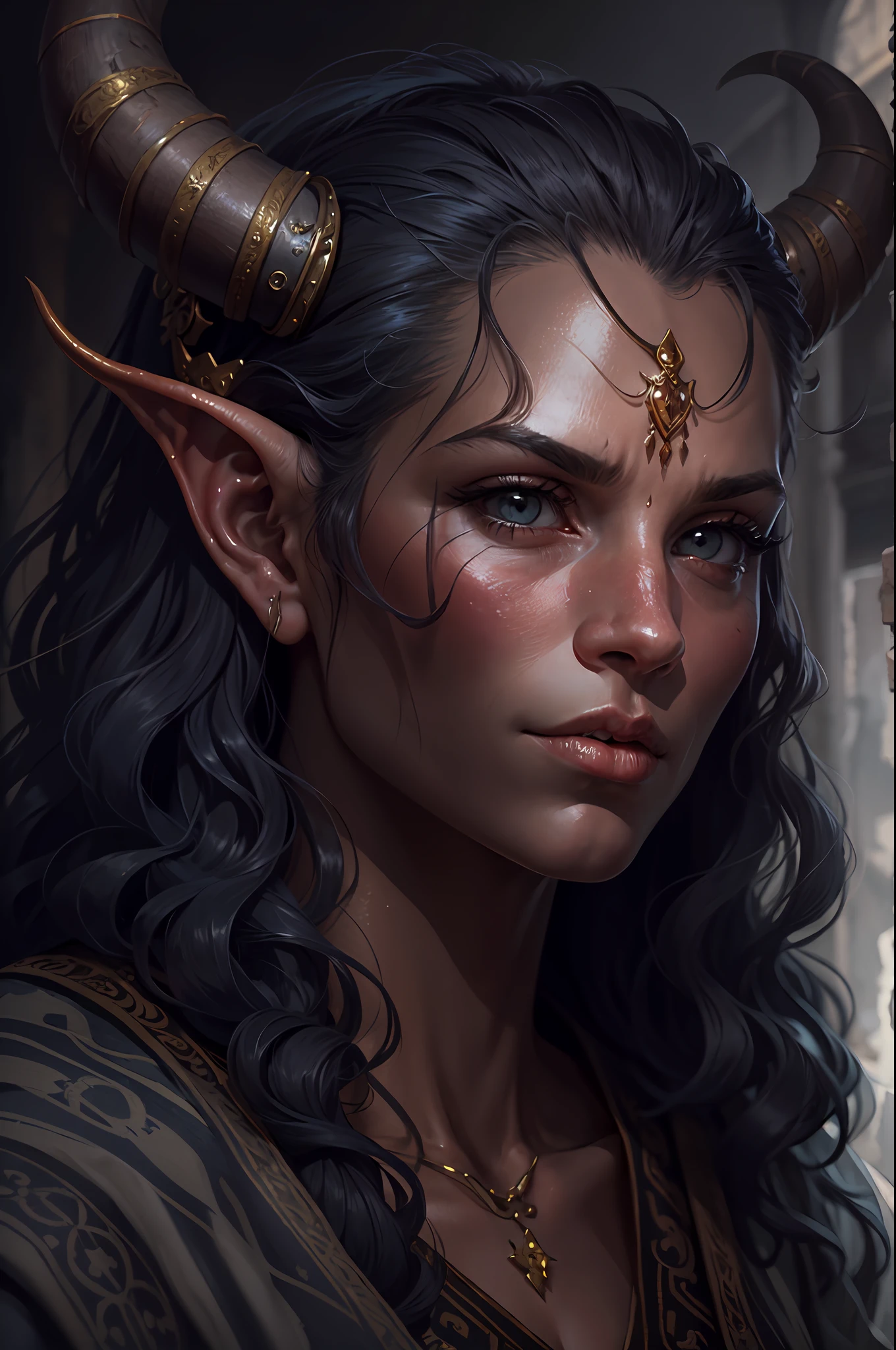 Um tiefling de longos cabelos pretos triste em um lugar escuro, Arte de Fantasia, Arte realista, rosto bonito, imagem de corpo inteiro, melhor qualidade, imagem detalhada, medieval