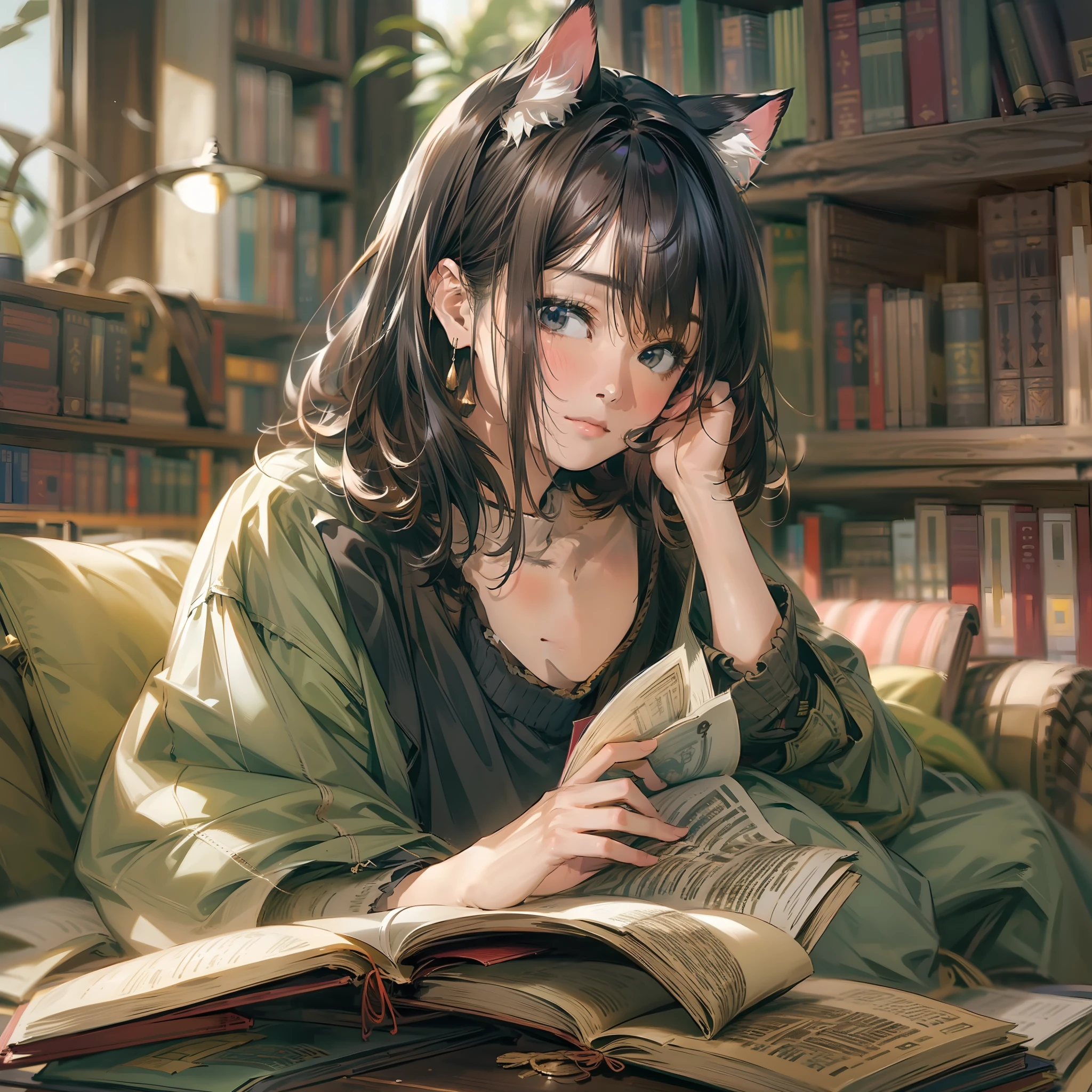 Subject is a young woman with cat ears drawn in 8K resolution。Her black hair is a short cut、There is a bright inner color。The ears express that you are concentrating on reading。Her attire is、Simple and comfortable sweatshirts and jeans。She sat on the couch、In his hand is a book that looks interesting。

Where is she、A quiet library with high ceilings and wooden shelves。On the shelves、appearance々Books in the field are lined up.、Nearby are lush plants。Natural light coming in through the window、Emphasizes the calm atmosphere of the library。

The overall color tone is、In quiet colors、Wooden shelves in the library and her dark hair、And the bright inner color is exquisitely harmonized。8K resolution、Texture of her facial expressions and outfits、And even the details of the library are vividly drawn。

Her expression was、Indicates that you are concentrating on reading、That quiet time gives this whole work a calm and pleasant atmosphere。