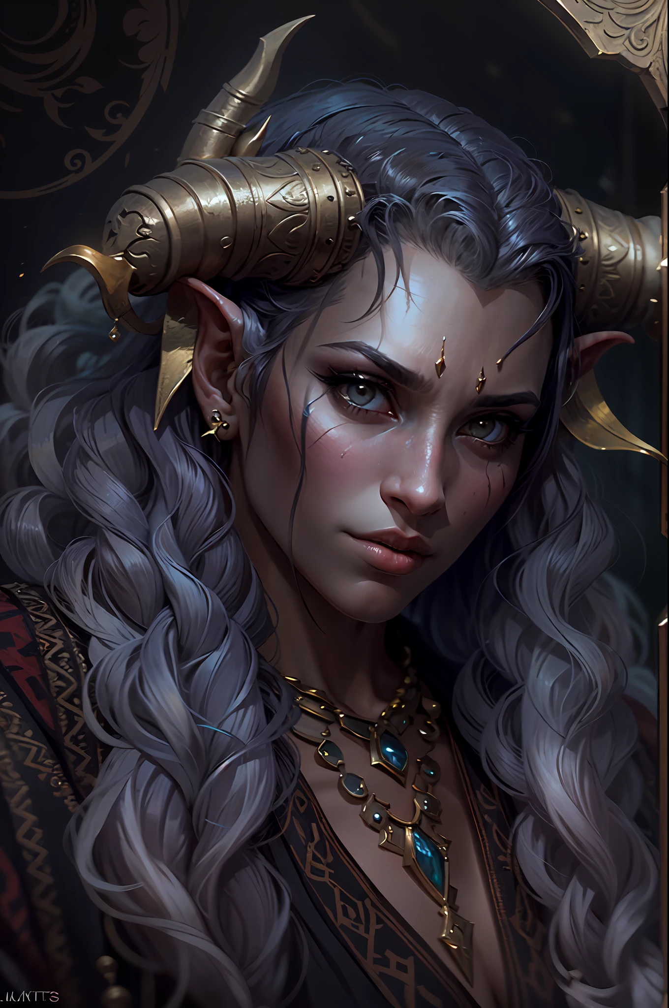 Um tiefling de longos cabelos pretos triste em um lugar escuro, Arte de Fantasia, Arte realista, rosto bonito, imagem de corpo inteiro, melhor qualidade, imagem detalhada, medieval