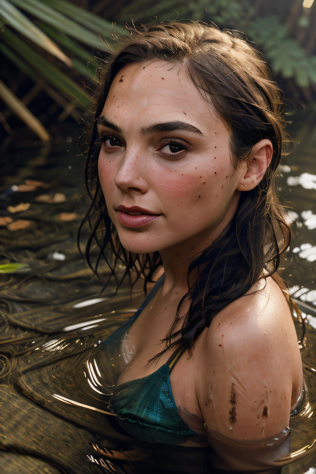 close up portrait of a cute woman (gldot) bathing in a river, reeds, (backlighting), realistic, masterpiece, highest quality, lens flare, shade, bloom, [[chromatic aberration]], by Jeremy Lipking, by Antonio J. Manzanedo, digital painting,