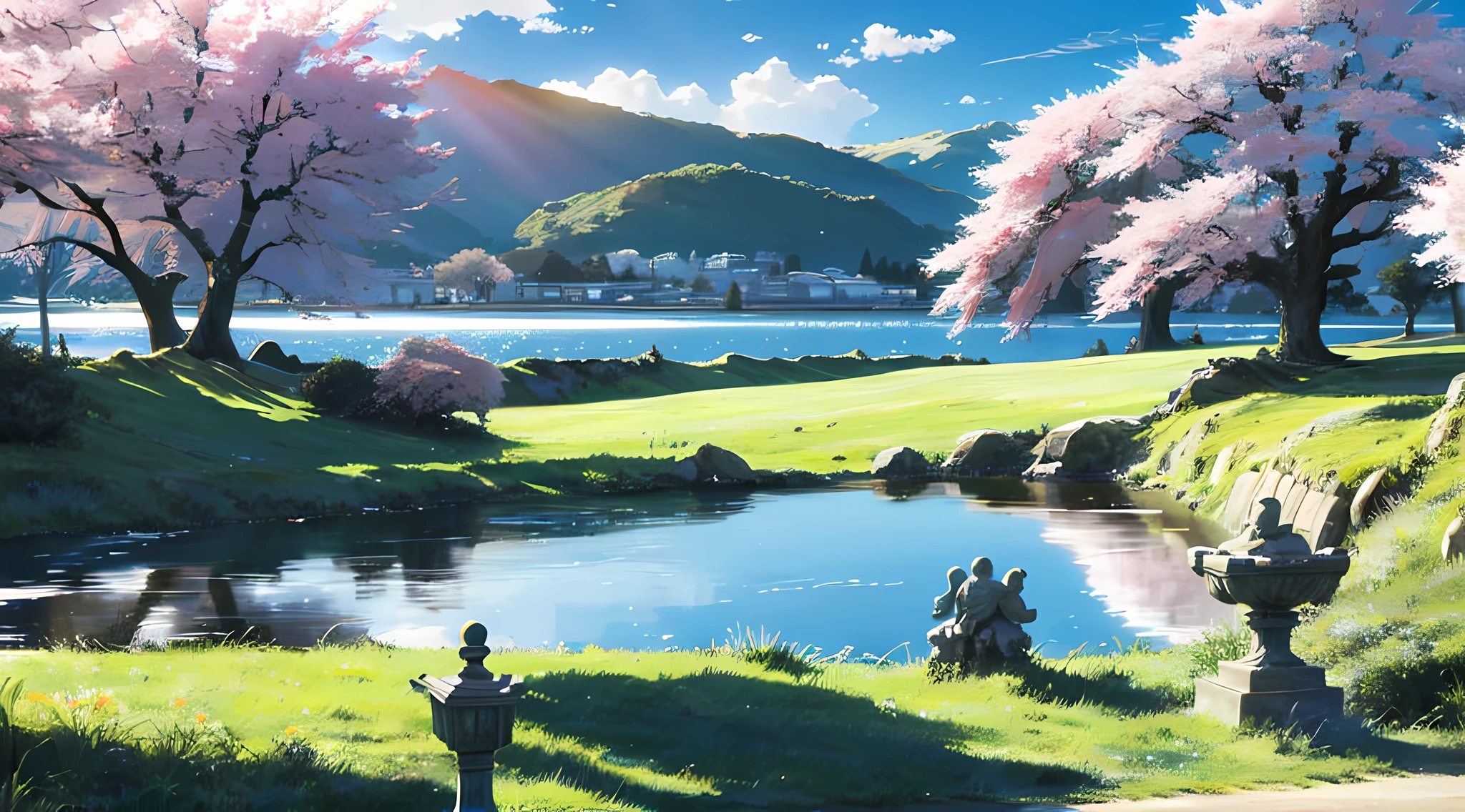 sky, large grassland, moving visuals, Colorful natural light, Lake, cherry blossom, Clouds, statues