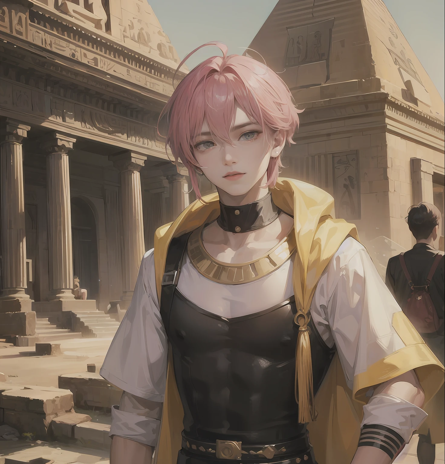 Several 14-year-old boys in a fist in Egypt A 15-year-old boy with pink hair is a man who has honey-colored eyes at the bottom of ancient Egypt you can see the pyramids --auto