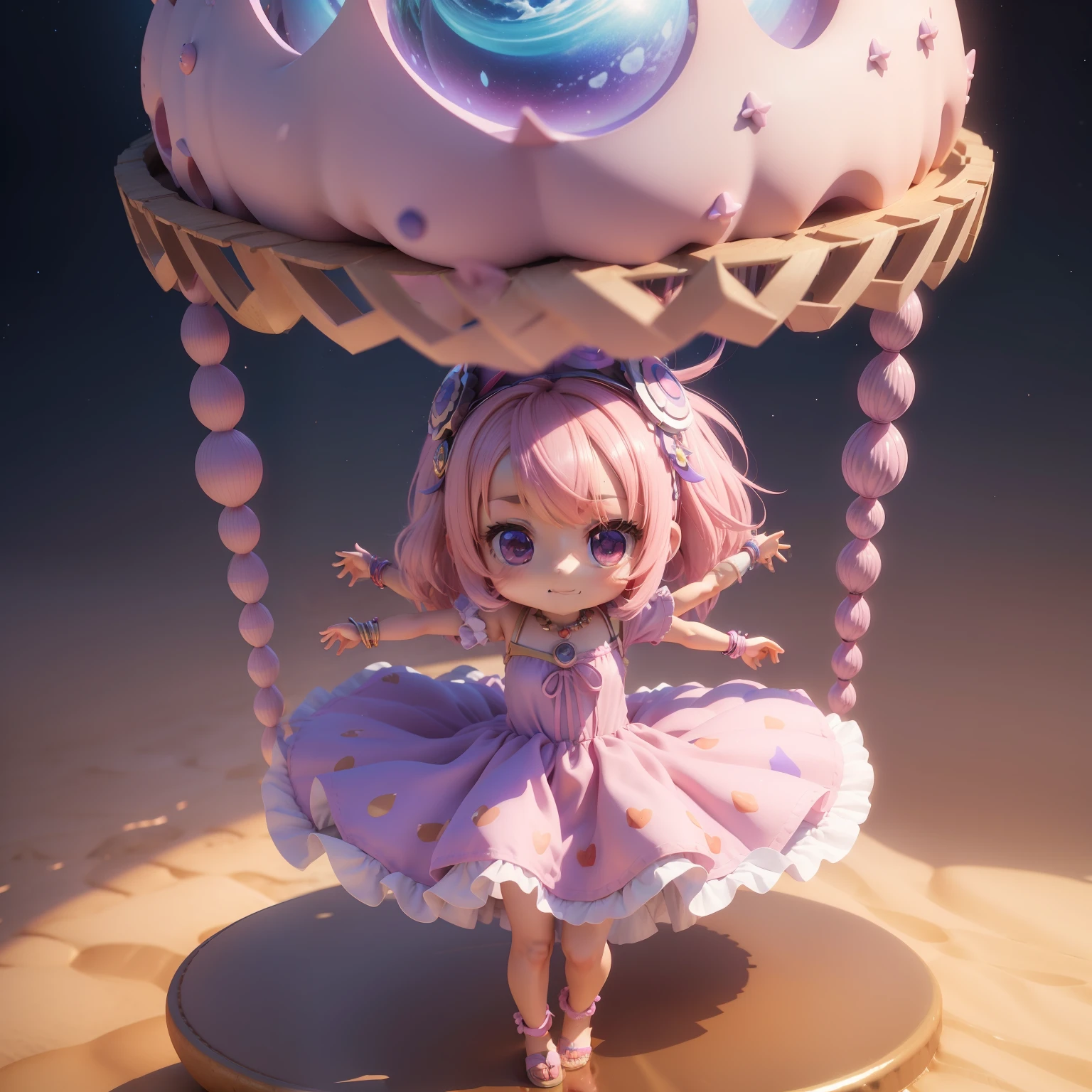 (((chibi 3d)))Cute and beautiful chibi anime girls/ Pink Straight Hair,Blue-violet eyes,Wearing Indian style summer dress,A huge fruit parfait hangs on the head,Arms outstretched,Dynamic shots of the face,Cute smile,intergalactic,Meteor swarm,