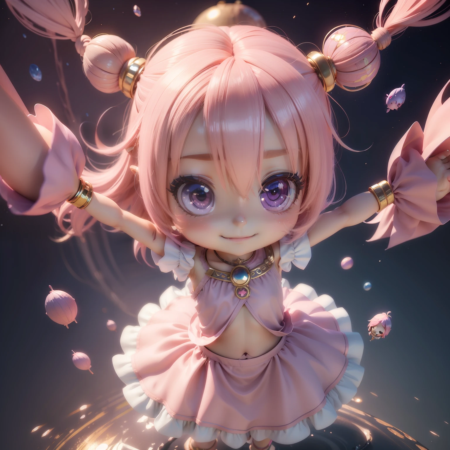 (((chibi 3d)))Cute and beautiful chibi anime girls/Baby Pink Straight Hair,Blue-violet eyes,Wearing Indian style summer dress,A huge fruit parfait hangs on the head,Arms outstretched,Dynamic shots of the face,Cute smile,intergalactic,Meteor swarm,