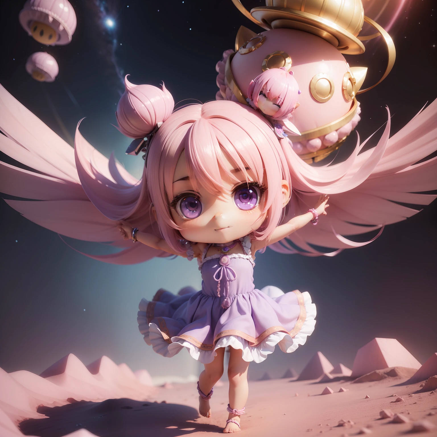 (((chibi 3d)))Cute and beautiful chibi anime girls/Baby Pink Straight Hair,Blue-violet eyes,Wearing Indian style summer dress,A huge fruit parfait hangs on the head,Arms outstretched,Dynamic shots of the face,Cute smile,intergalactic,Meteor swarm,