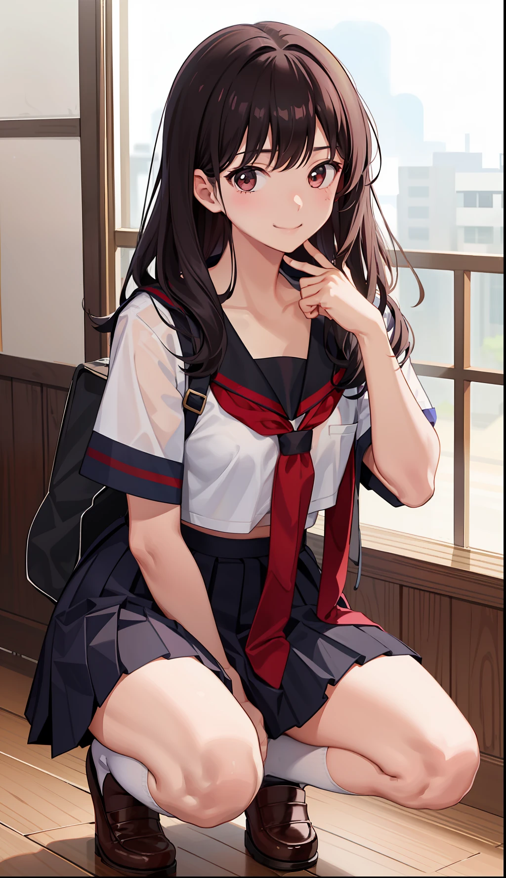 1girl in、A smile、The shirt、skirt by the、(small tits)Chilarism、Japan High School Student Uniform、serafuku、summer clothing、Squall Drenched Uniform、(Sheer Bra)、Upper body portrait、Squatting panchira、