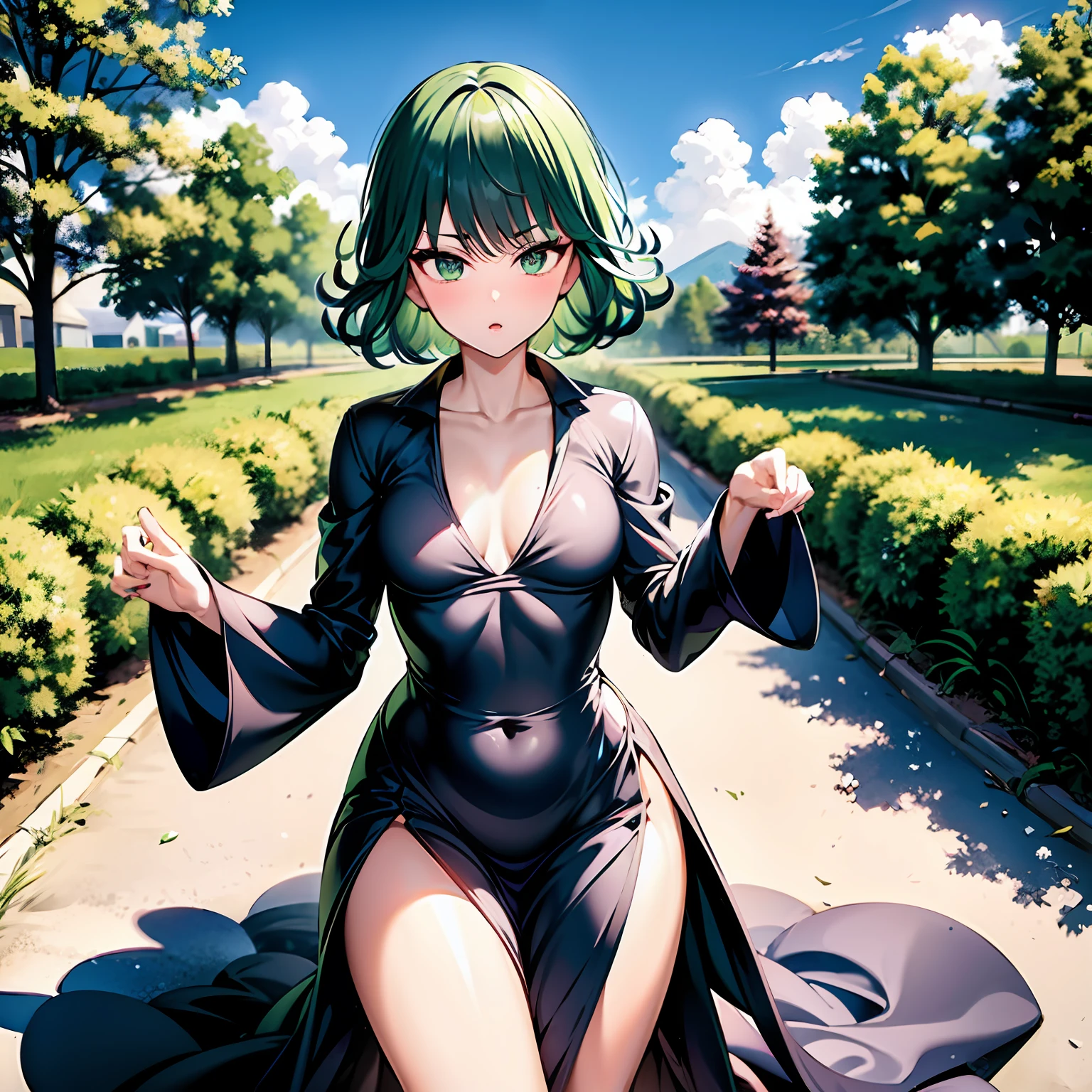Natural Volumetric Lighting And Best Shadows, Deep Depth Of Field, Sharp Focus,1girl, solo, Terrible_Tornado,looking_at_viewer, blush, short_hair, bangs, green_hair, green_eyes,detailed eyes, collarbone, thighs, small_breasts, outdoors, parted_lips, green_hair, float, cloud, dark green dress, cloudy_sky, pelvic_curtain, side_slit, curly_hair, flipped_hair,floating gravel,