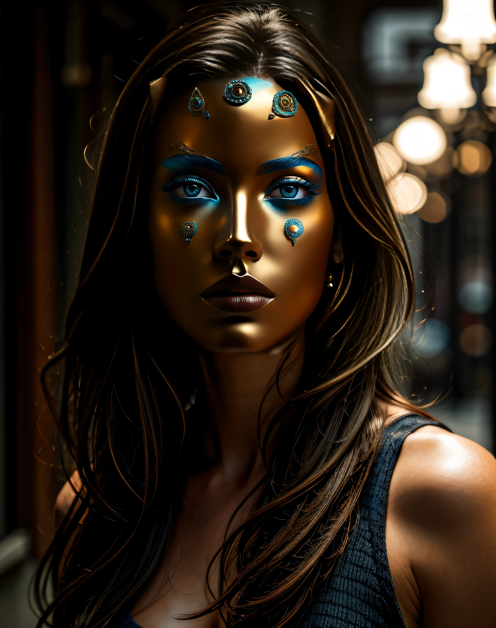 (masterpiece, best quality, beautiful art:1.4), face made of shiny bronze:1.4, perfect blue eyes, reflections, highly detailed, metallic texture, dramatic lighting, 8k