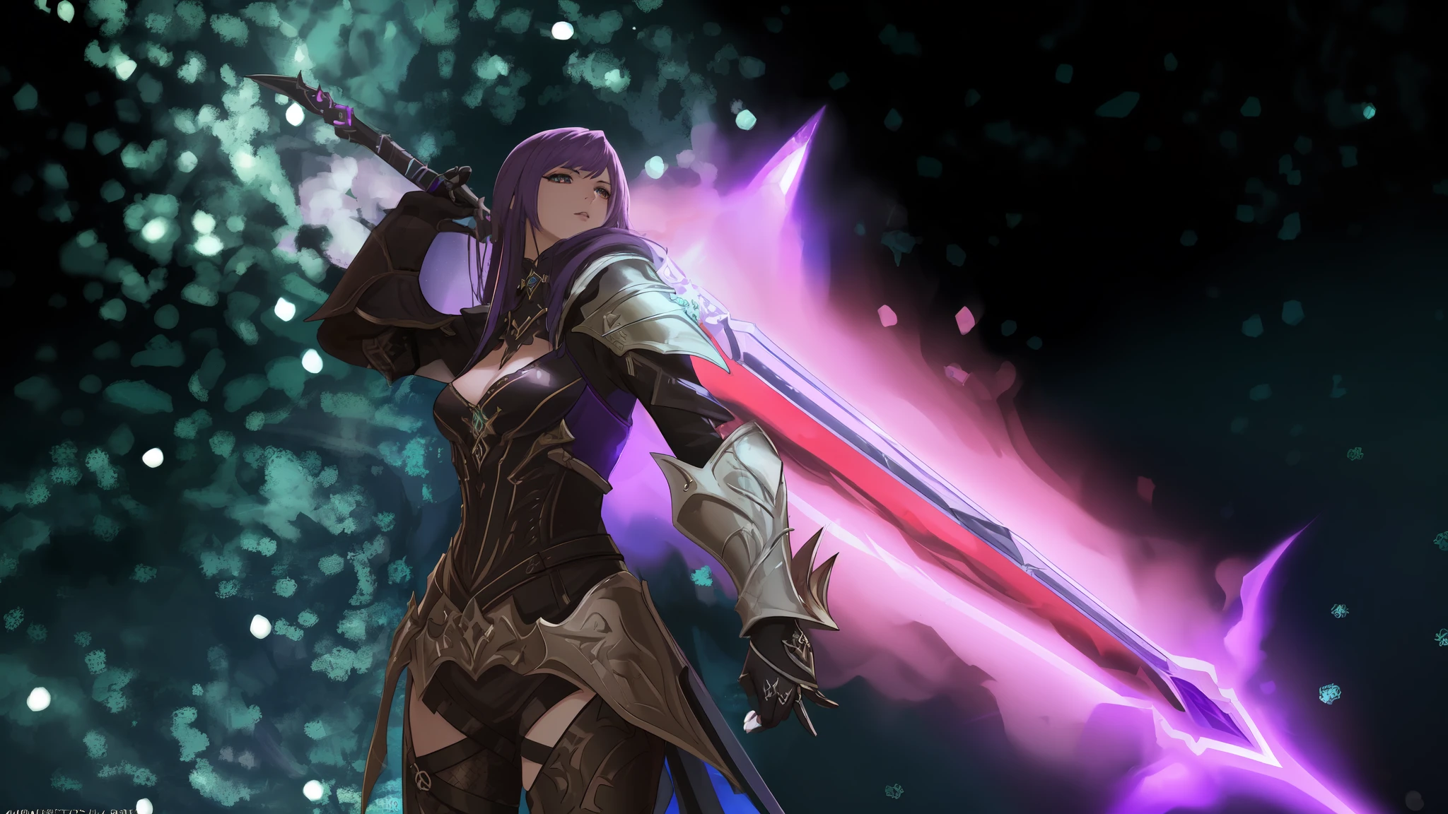 arafed image of a woman with a sword and a purple light, sharp silver armor fuchsia skin, hd wallpaper, 4 k detail fantasy, ffxiv heavensward, game cg, badass anime 8 k, brandishing futuristic sword, 8k octae render photo, black fire color reflected armor, of a beautiful female warframe, beautiful wallpaper