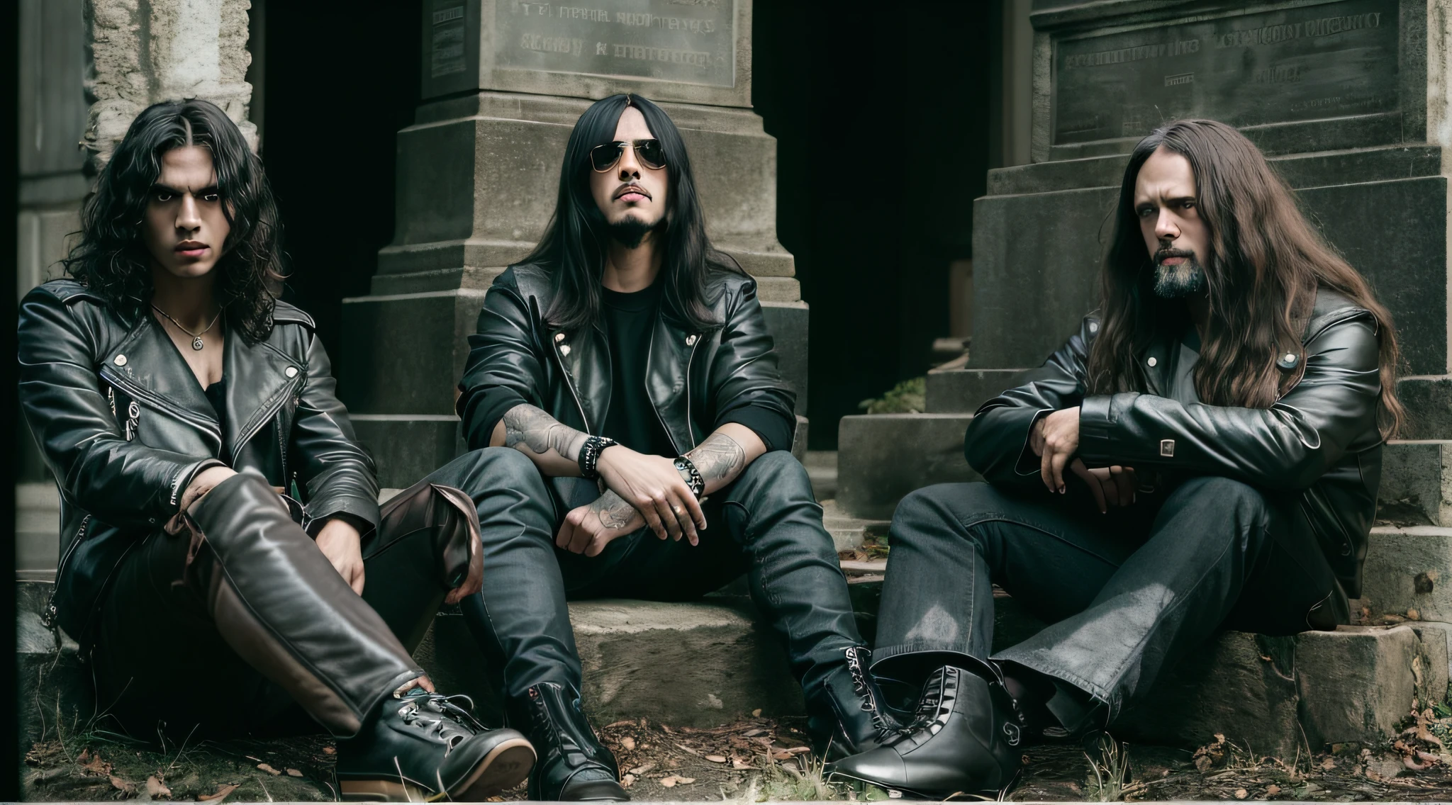 Three men in leather jackets sitting in a grave with their hands on the ground, sepultura, thrash metal, photo documetalism, Black Metal Aesthetics, Metal pesado 1981, black metal rococo, Black Metal, escala de cinza 1 9 9 0, Doom Metal, sentam-se ao lado de uma pilha de ossos, estilo Black Metal, vinheta muito pesada!!!