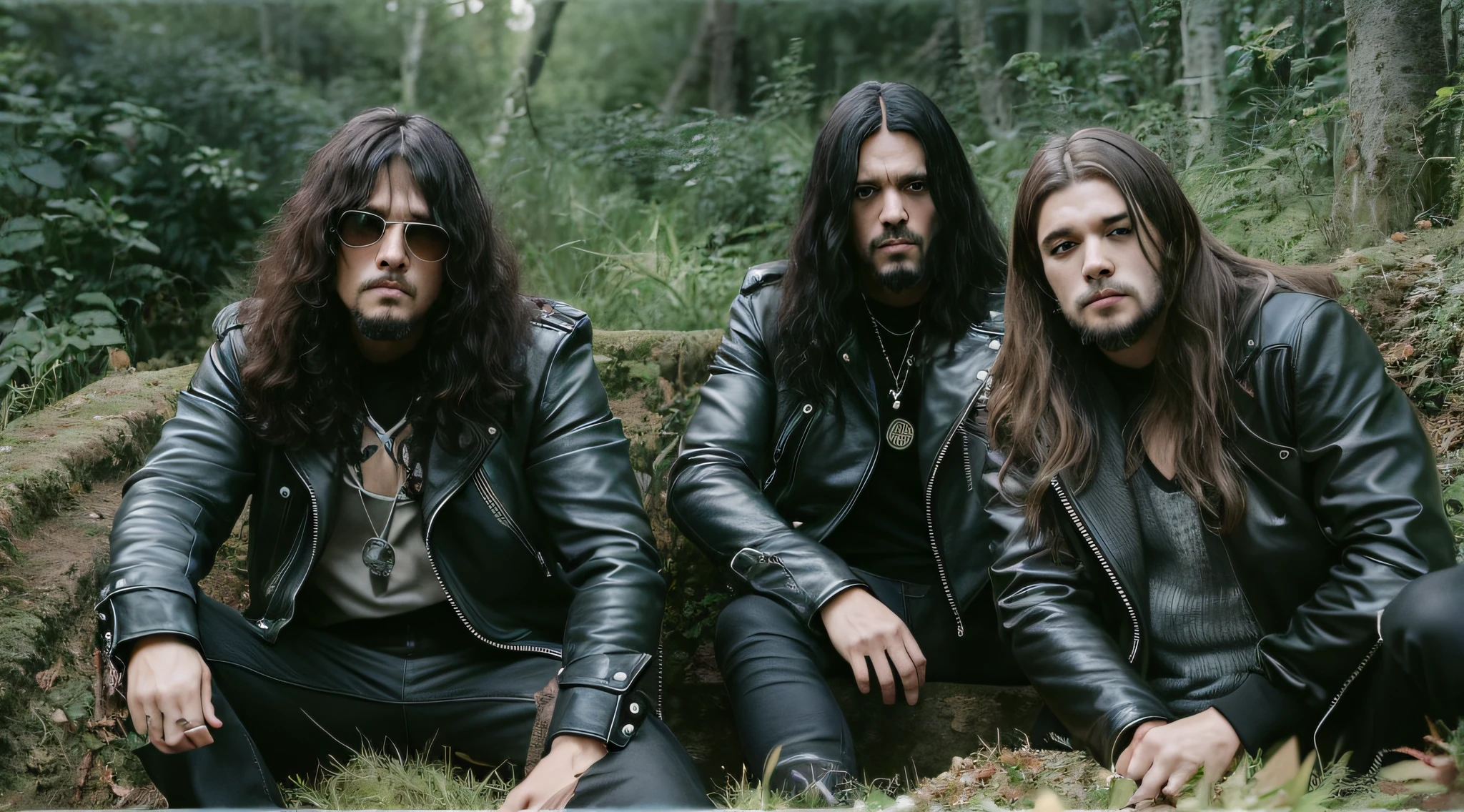 Three men in leather jackets sitting in a grave with their hands on the ground, sepultura, thrash metal, photo documetalism, Black Metal Aesthetics, Metal pesado 1981, black metal rococo, Black Metal, escala de cinza 1 9 9 0, Doom Metal, sentam-se ao lado de uma pilha de ossos, estilo Black Metal, vinheta muito pesada!!!