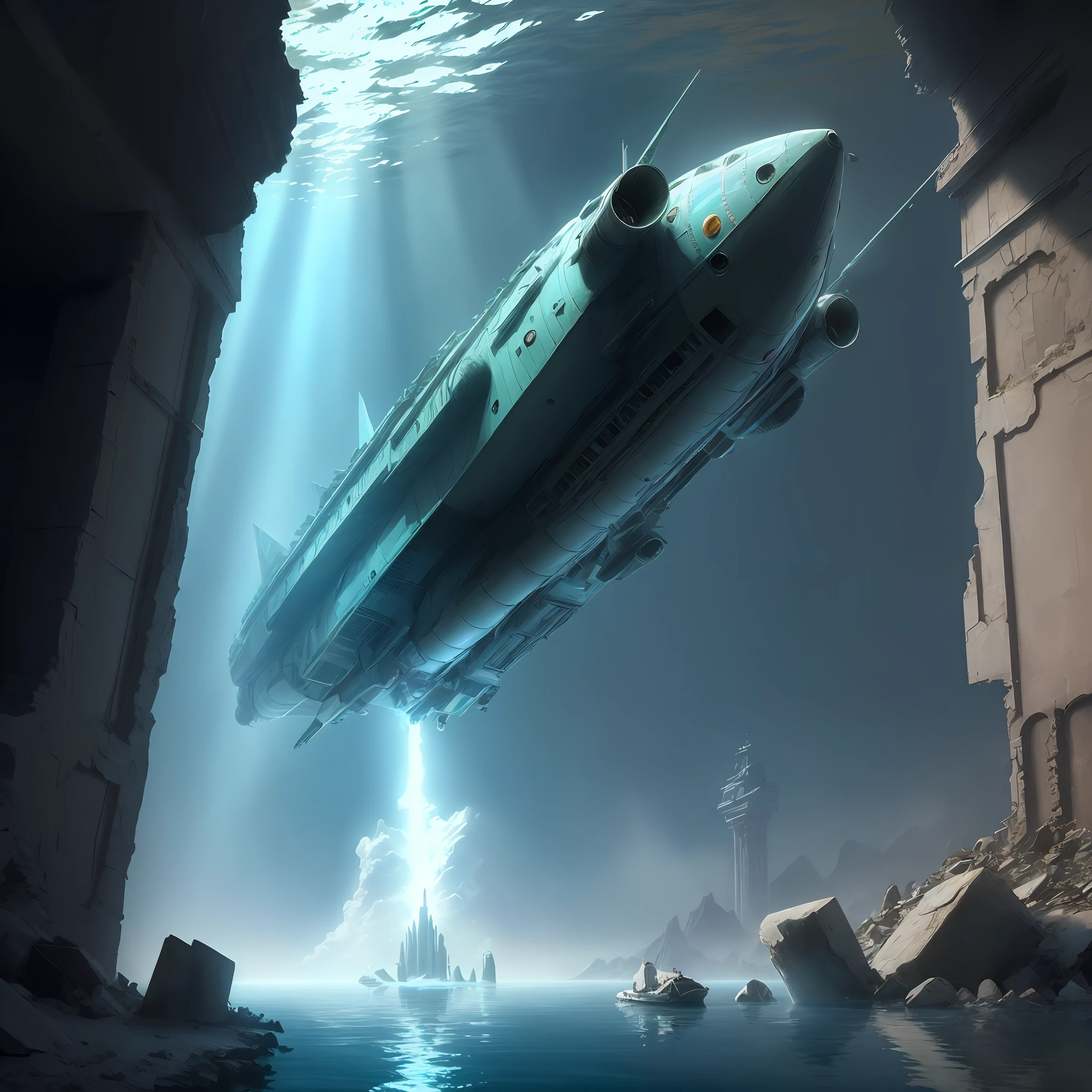 (masterpiece, best quality, realistic, detailed, sharp:1.2), an alien space craft under water in Bolivian ruins, under water and above, cinematic lighting, intricate detail