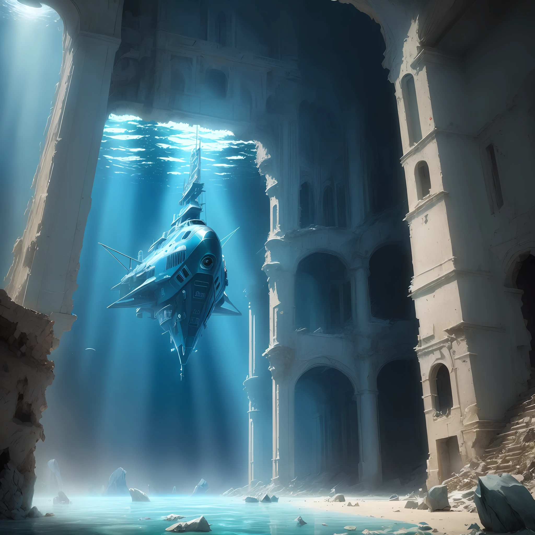 (masterpiece, best quality, realistic, detailed, sharp:1.2), an alien space craft under water in Bolivian ruins, under water and above, cinematic lighting, intricate detail